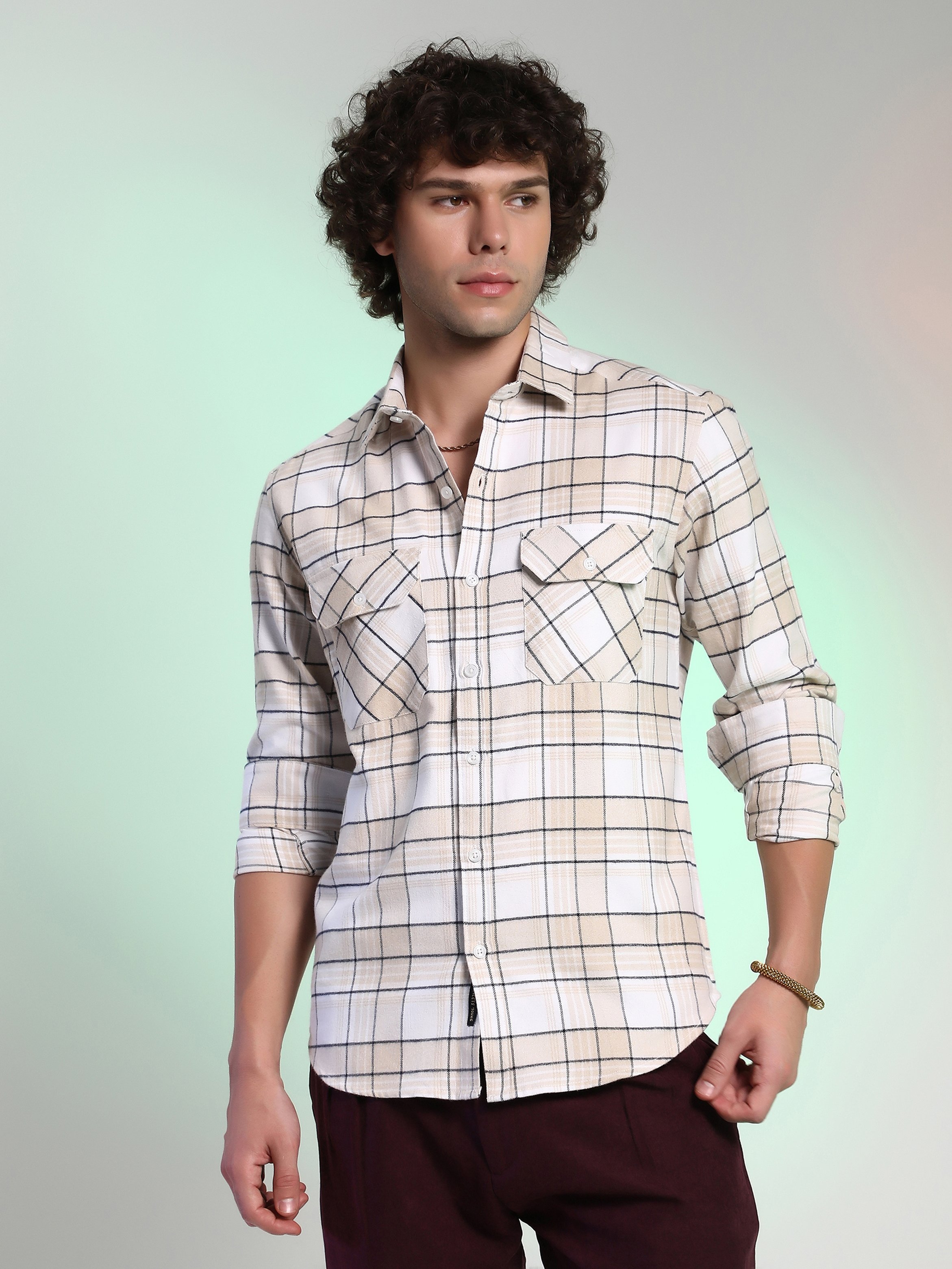 Men Beige Checkered Utility Shirt