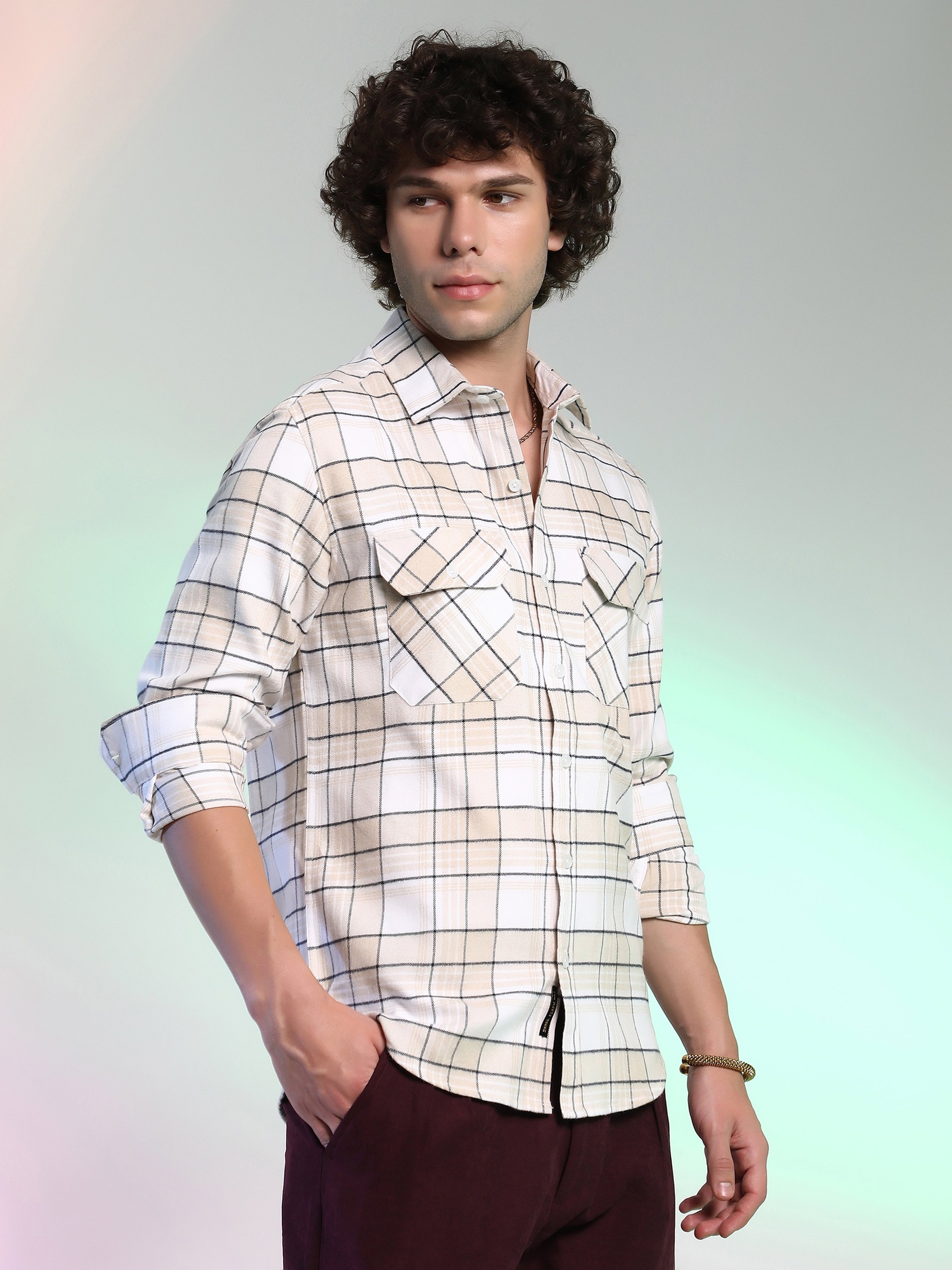 Men Beige Checkered Utility Shirt