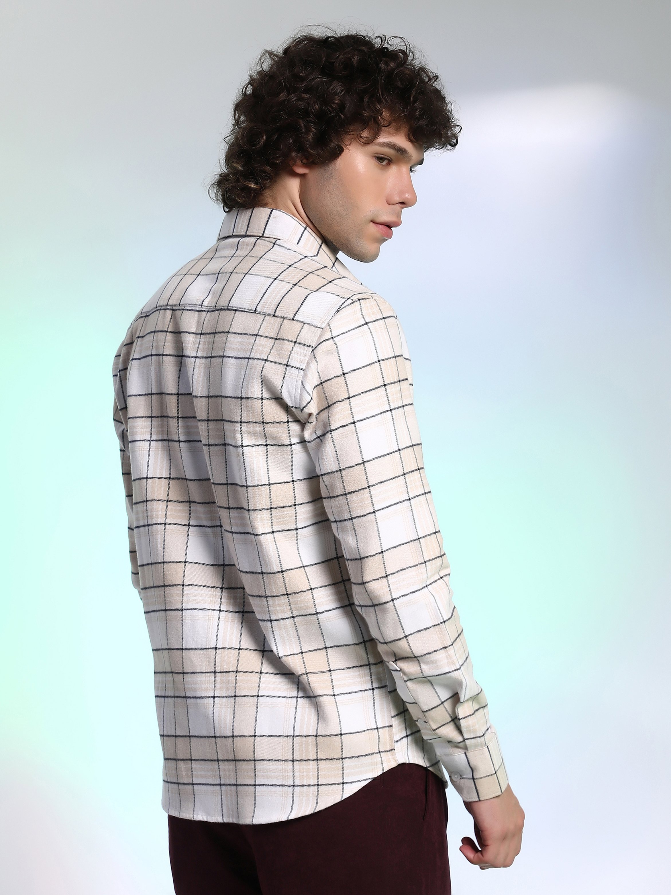 Men Beige Checkered Utility Shirt