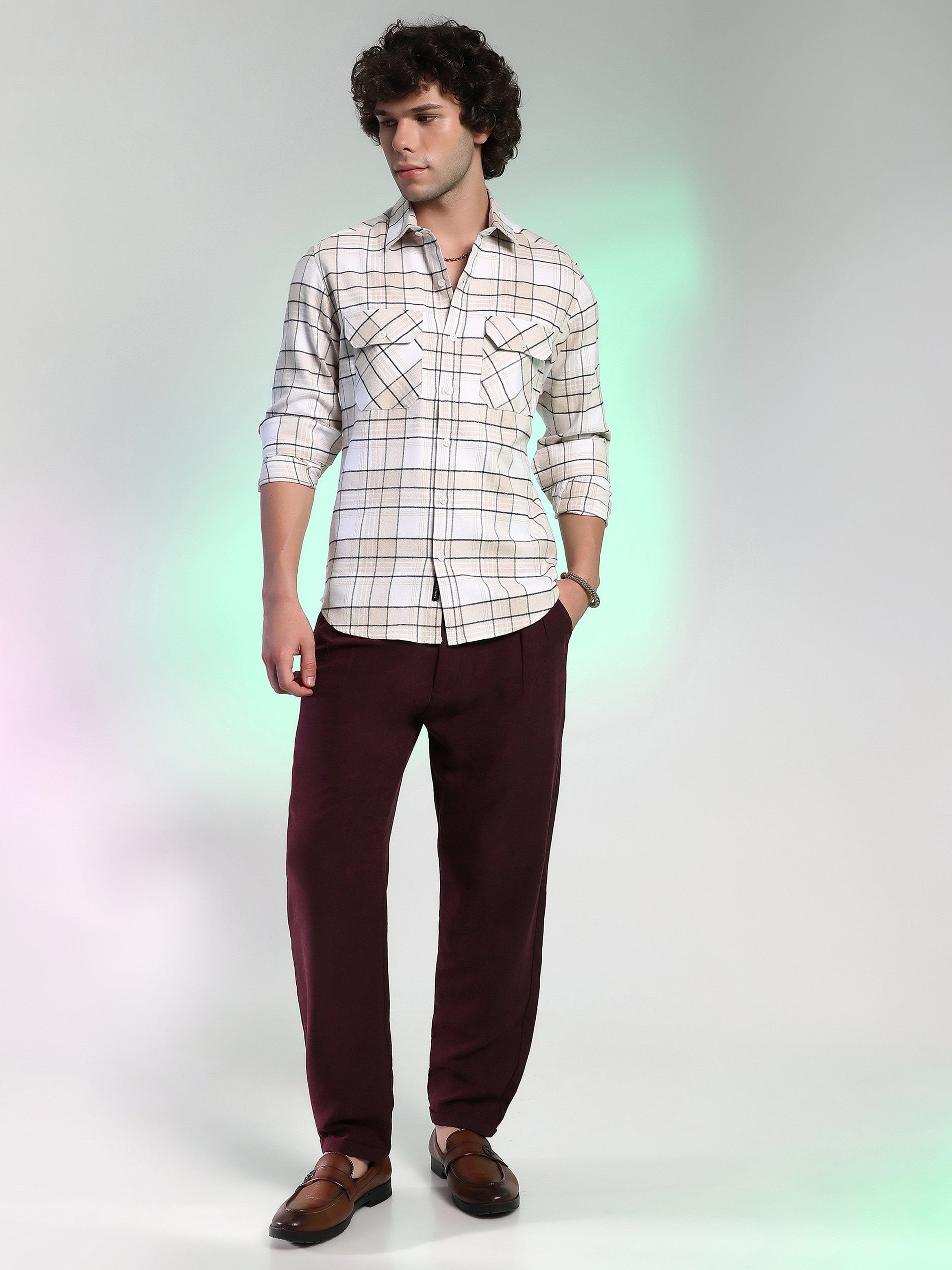 Men Beige Checkered Utility Shirt