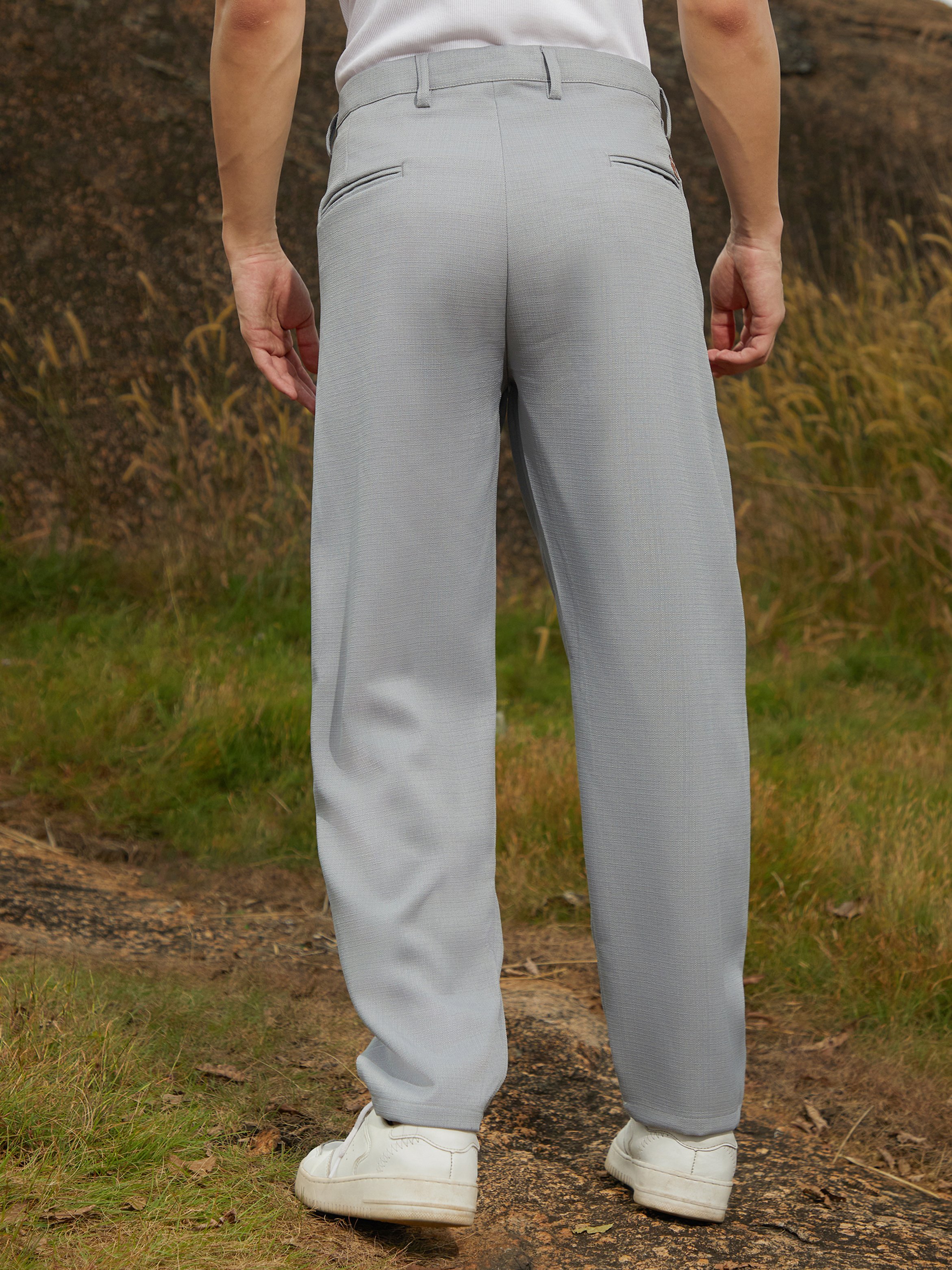 Men Cloud Grey Tailored Linen-Blend Trousers