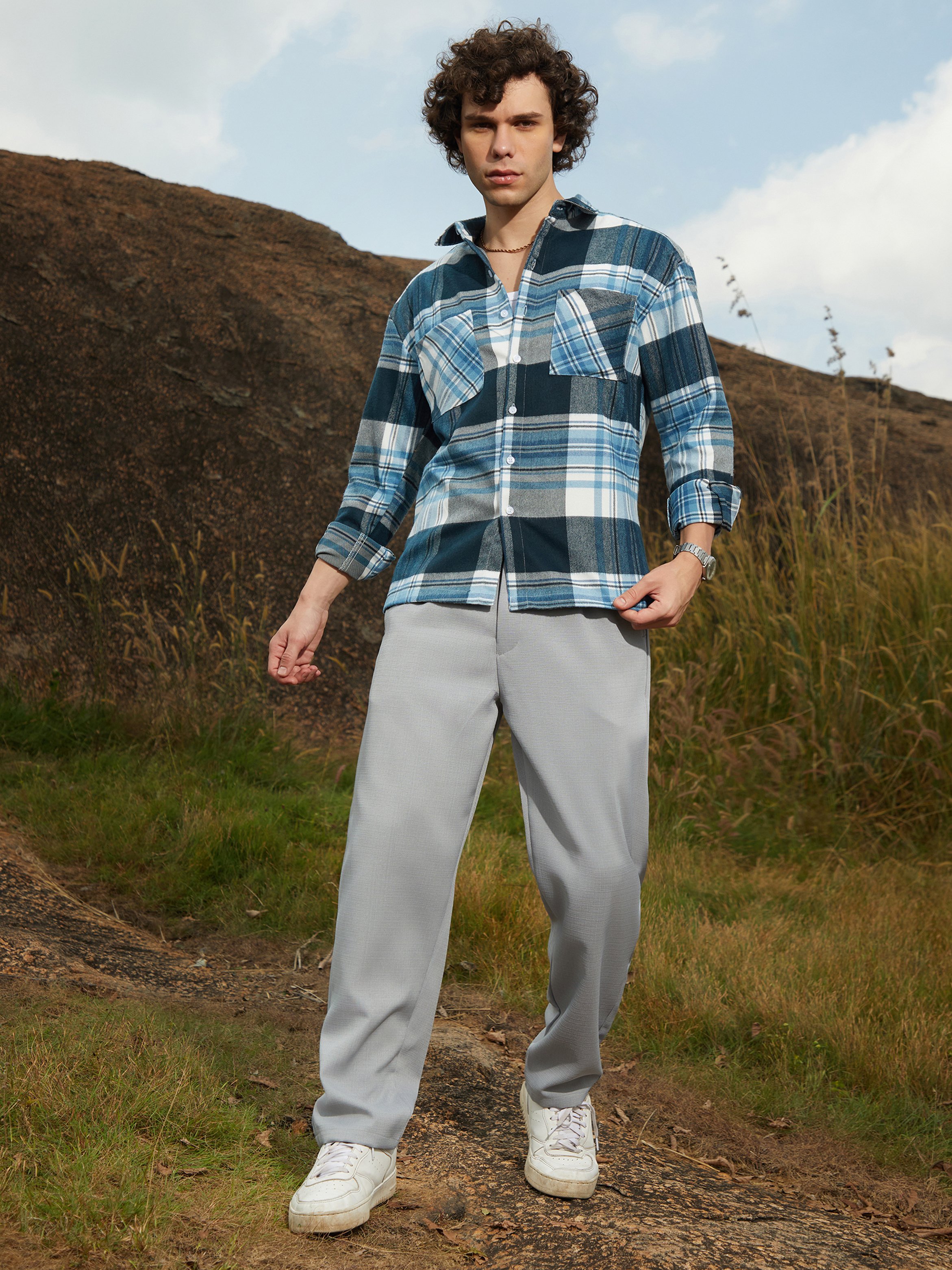 Men Cloud Grey Tailored Linen-Blend Trousers