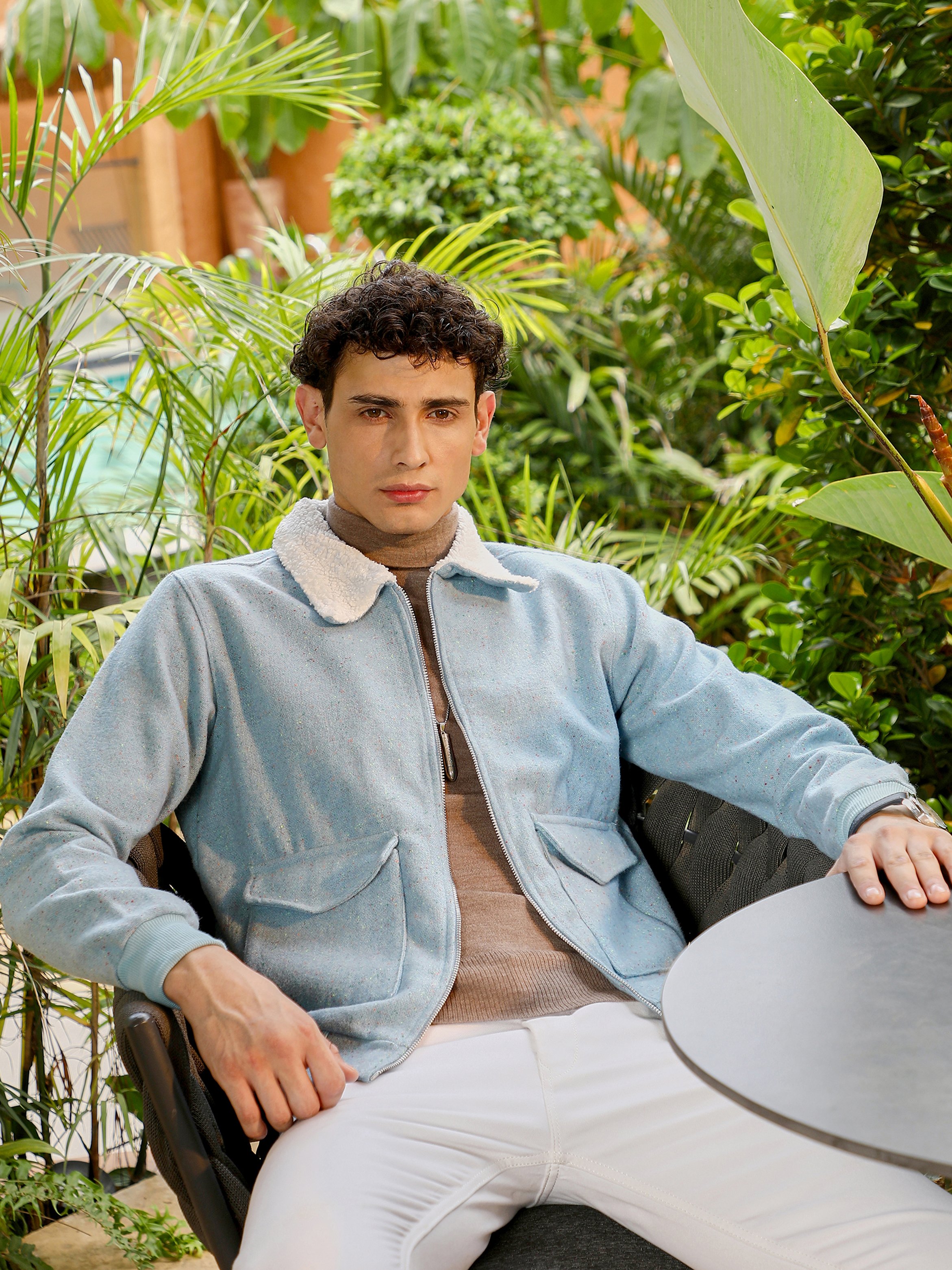 Men Blue Heathered-Knit Sherpa-Lined Jacket