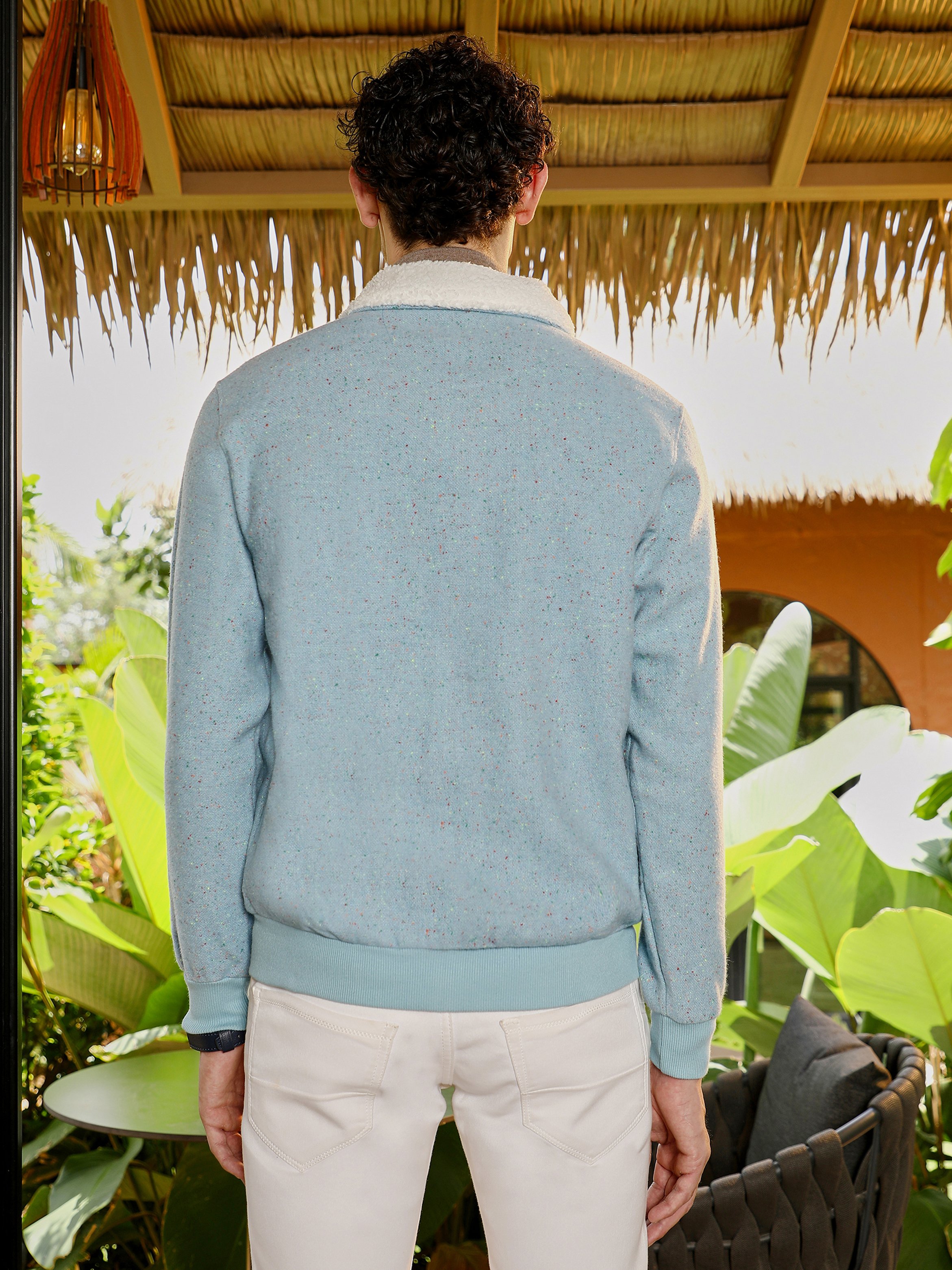 Men Blue Heathered-Knit Sherpa-Lined Jacket