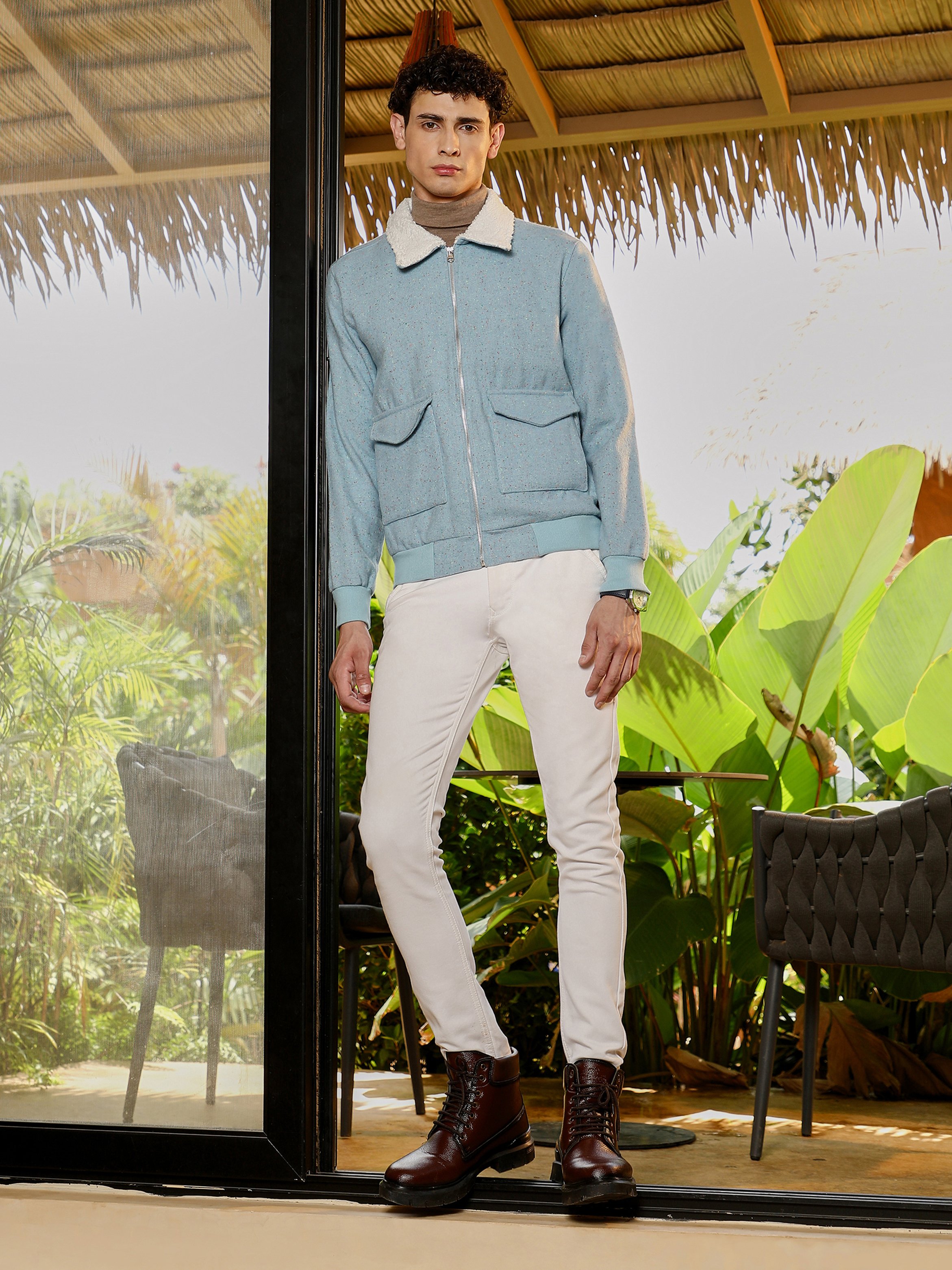 Men Blue Heathered-Knit Sherpa-Lined Jacket