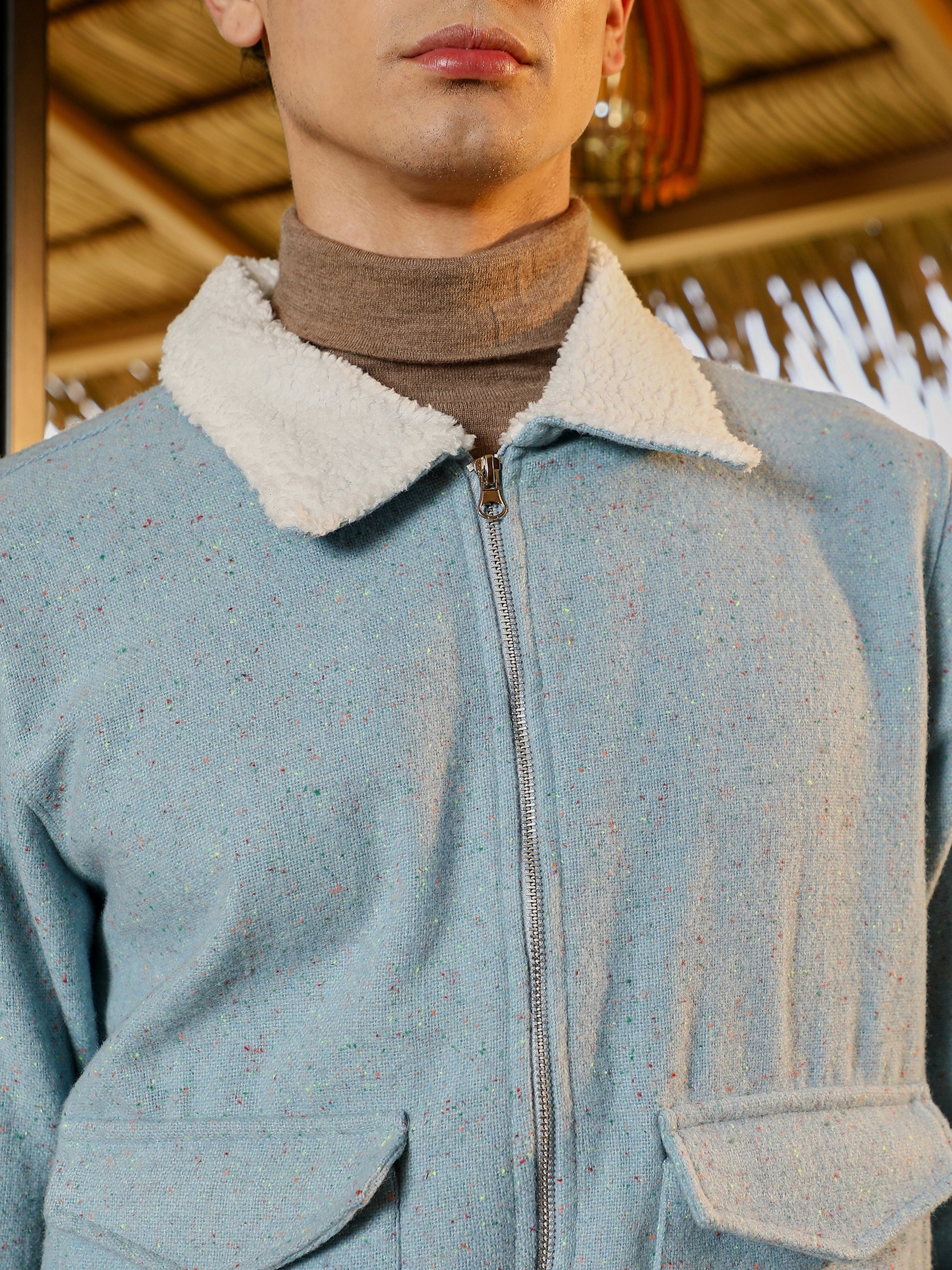 Men Blue Heathered-Knit Sherpa-Lined Jacket