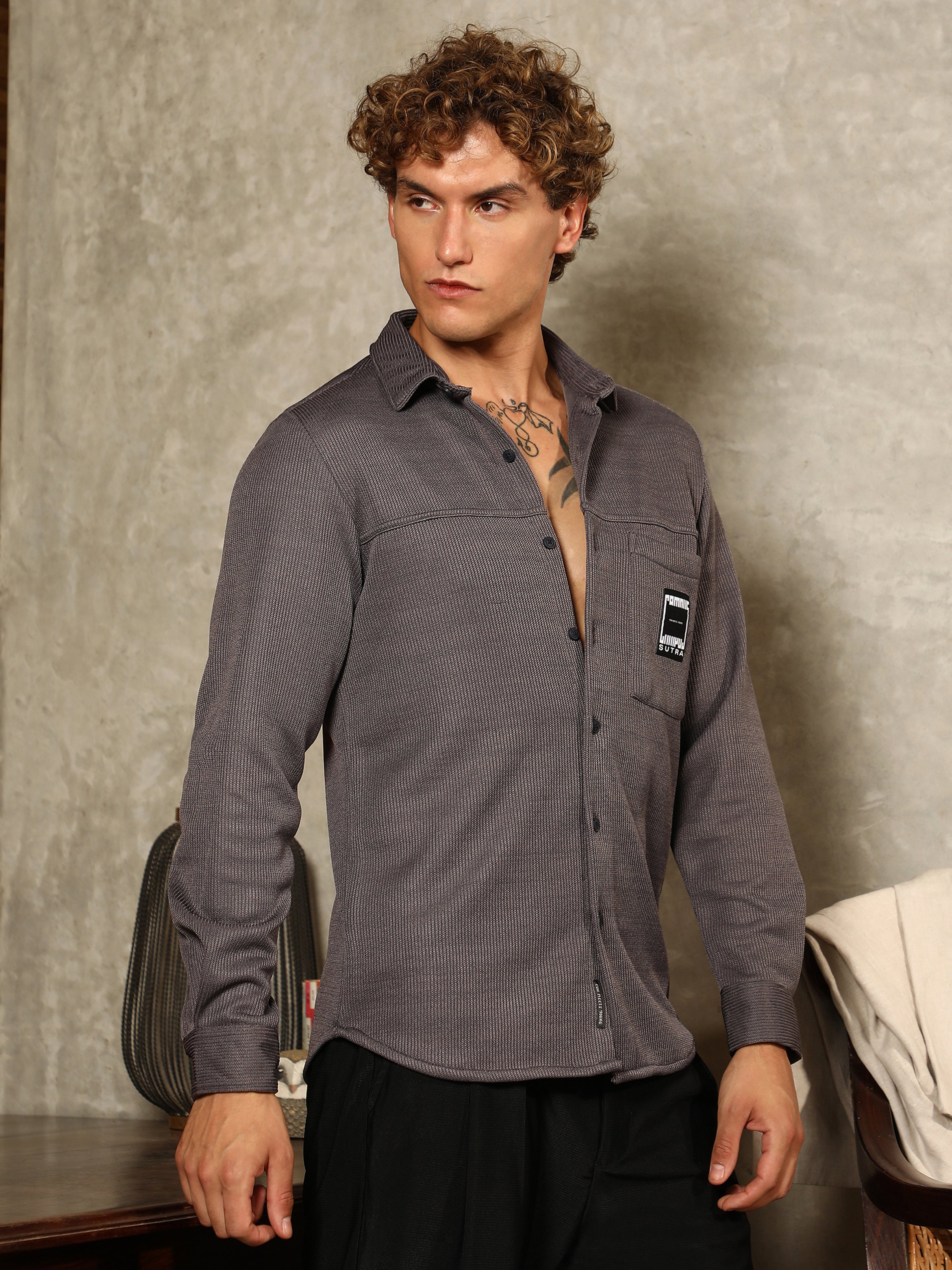 Men Grey Ribbed-Knit Utility Shirt