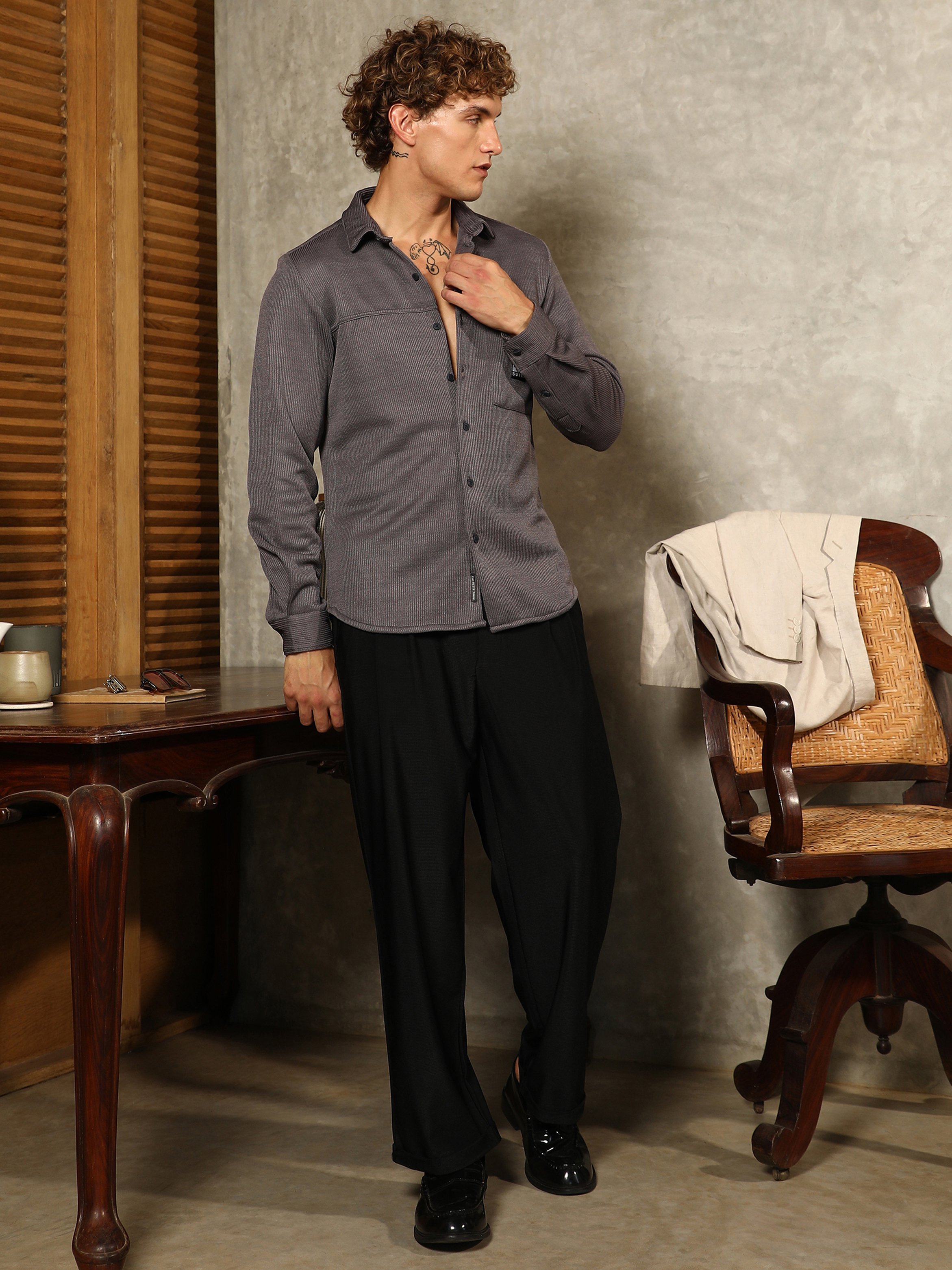 Men Grey Ribbed-Knit Utility Shirt