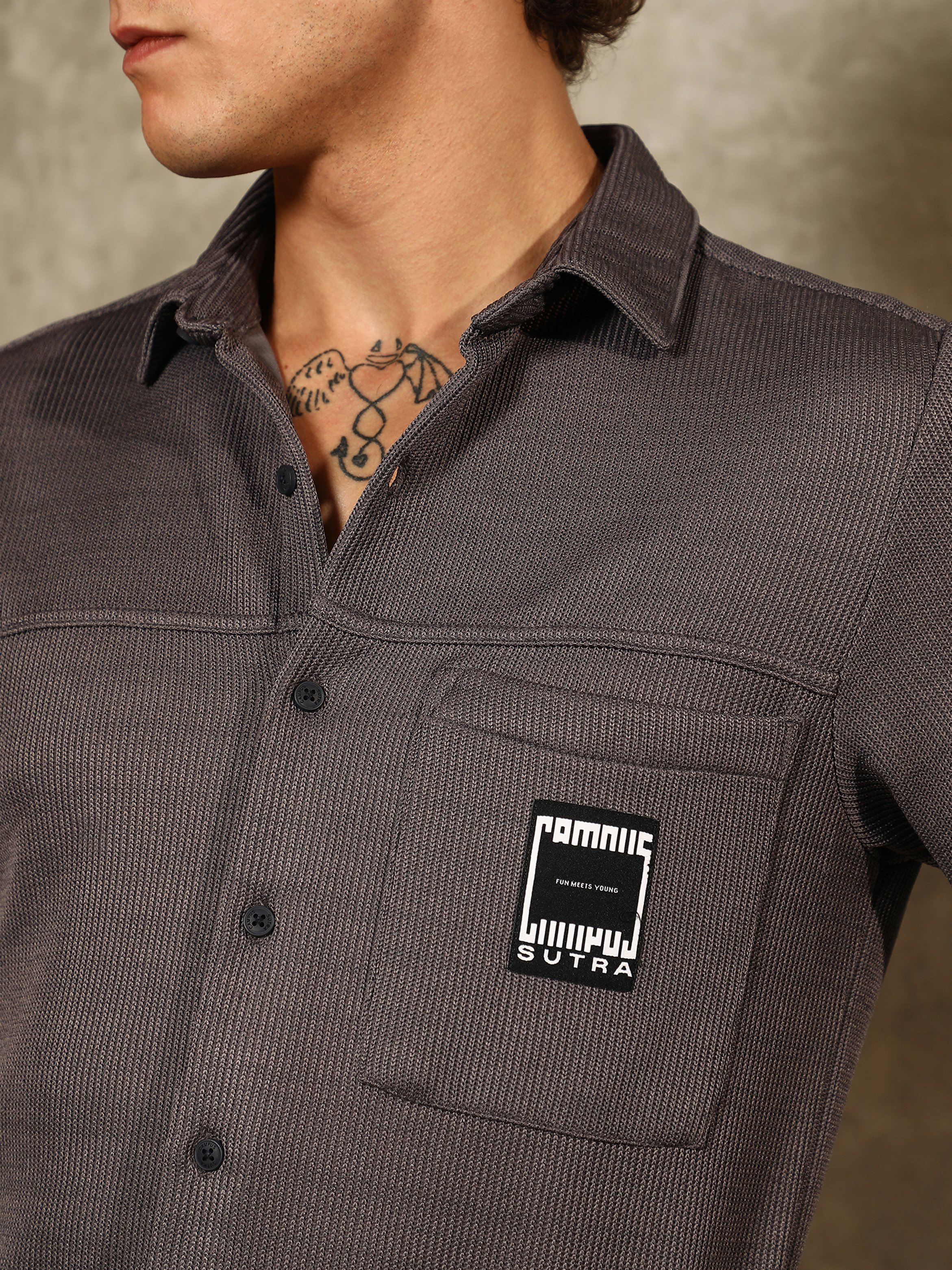 Men Grey Ribbed-Knit Utility Shirt