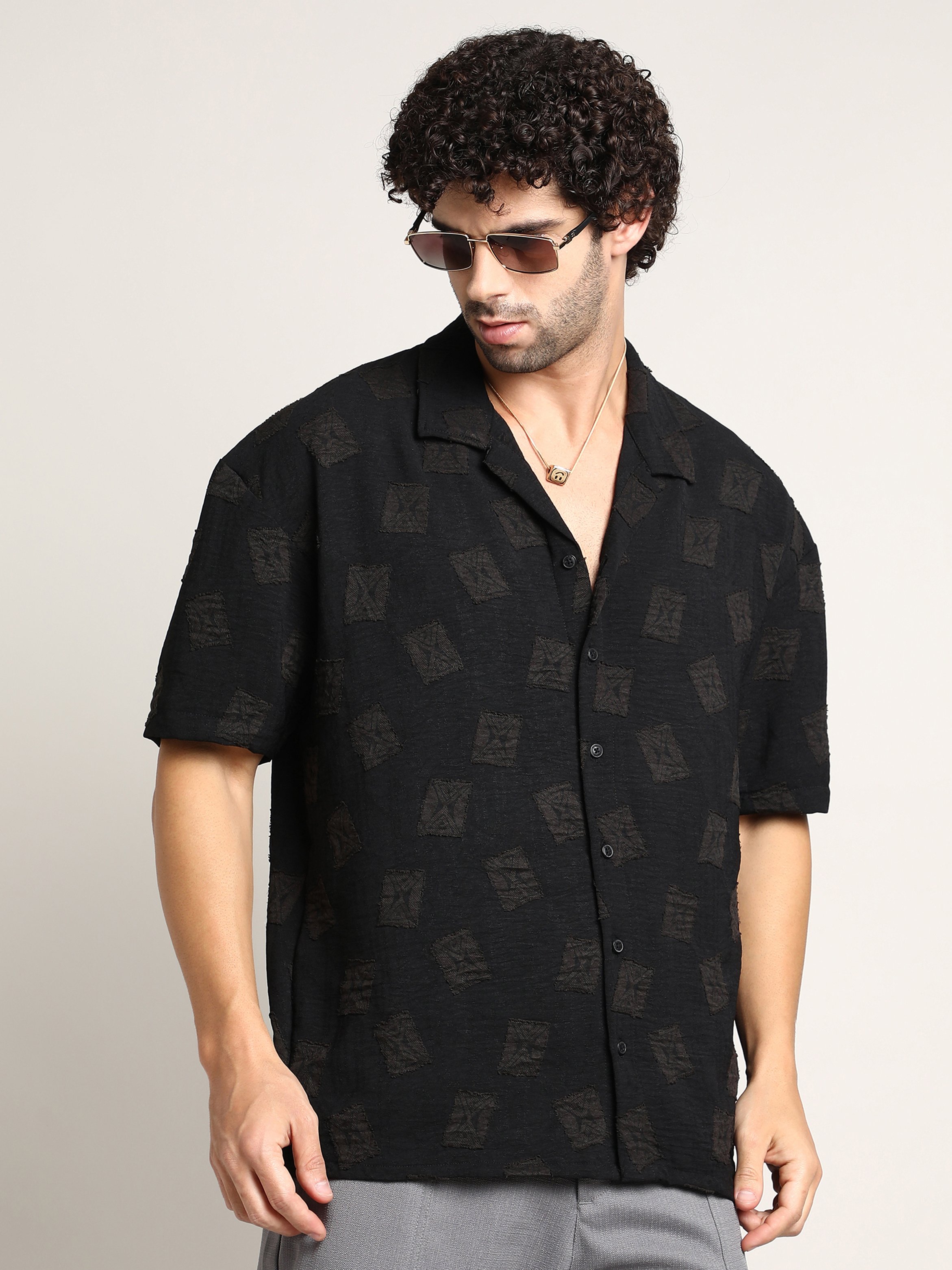 Men Onyx Black Indie-Cuban Oversized Shirt