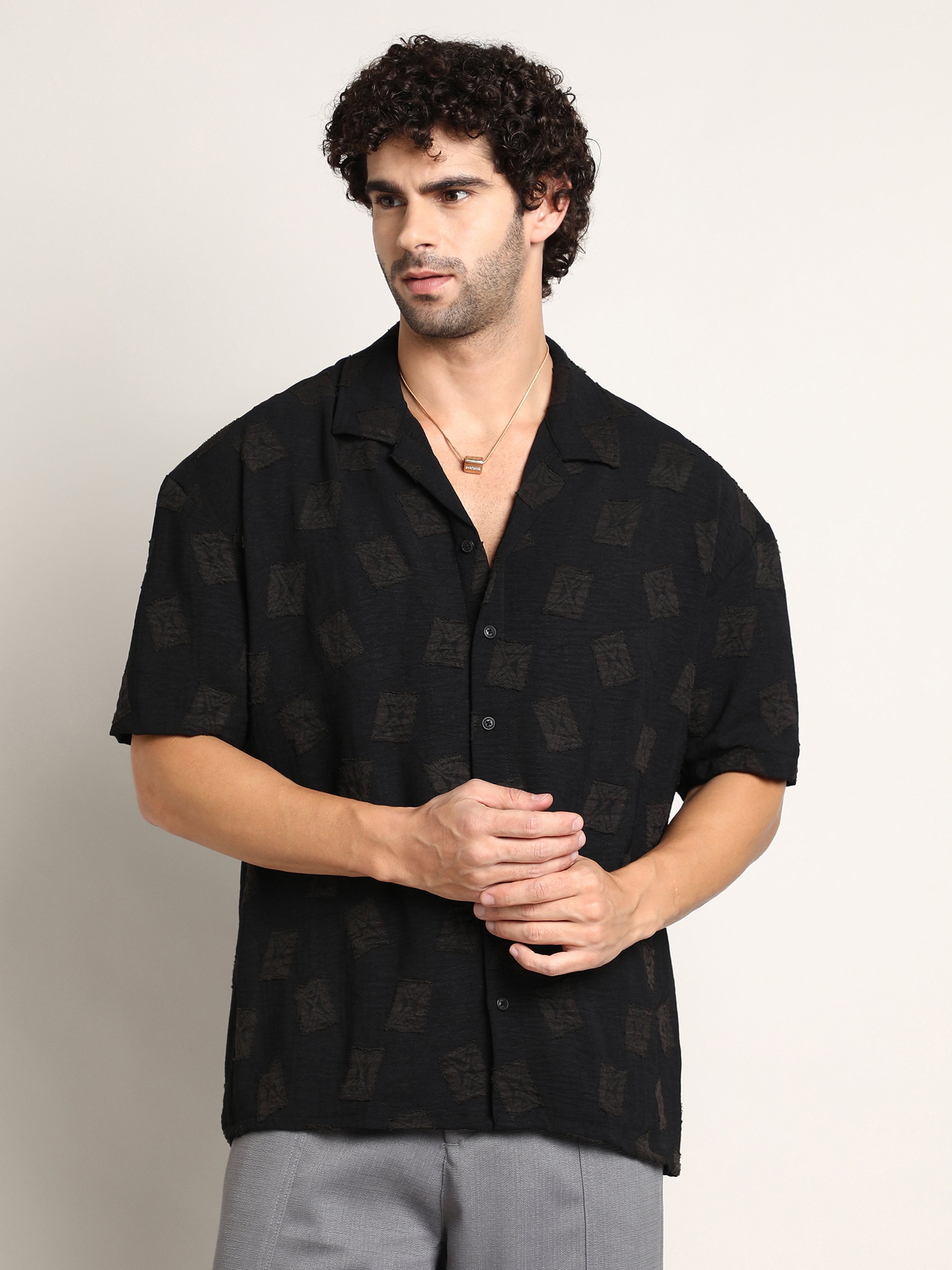 Men Onyx Black Indie-Cuban Oversized Shirt