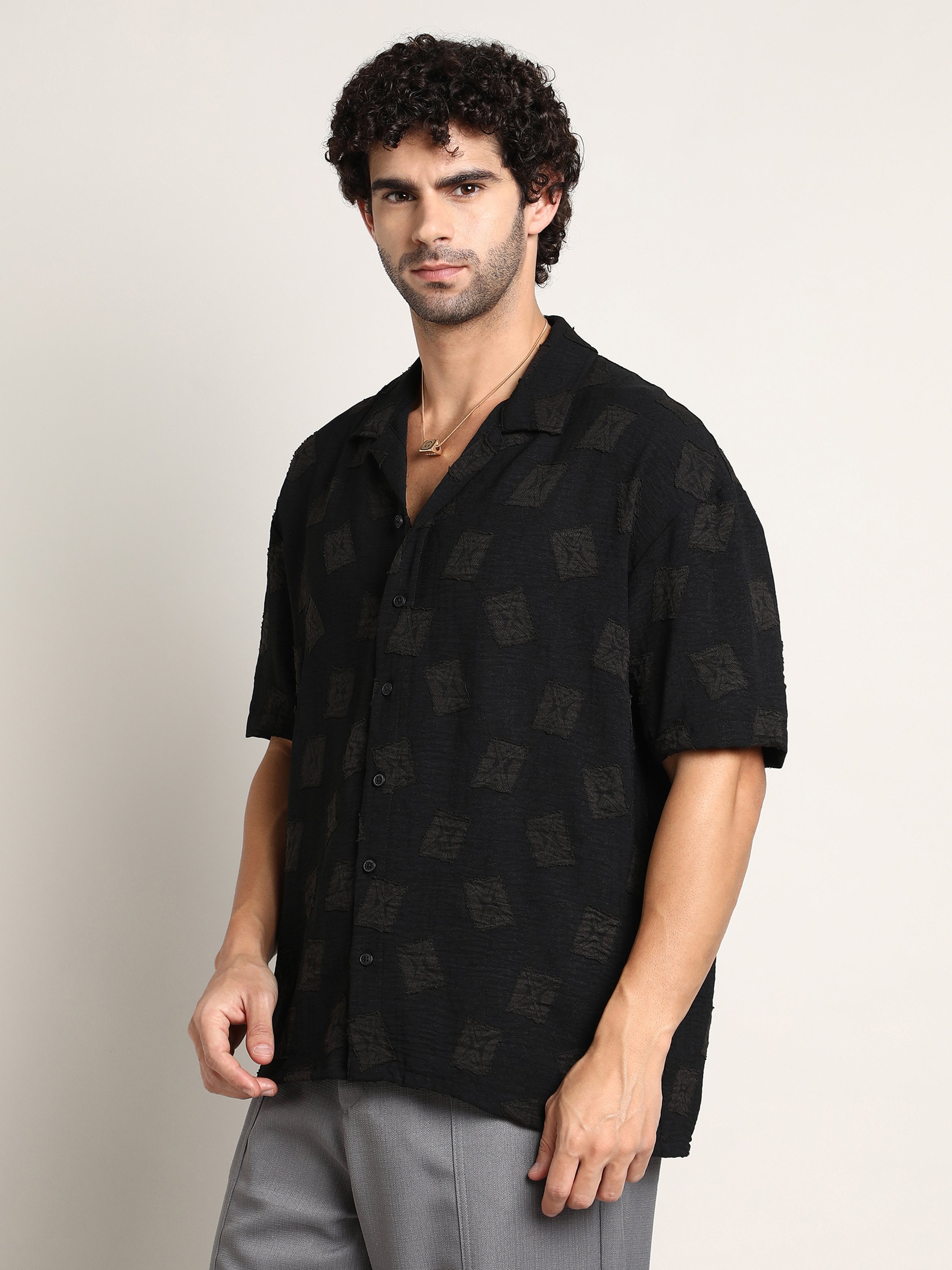 Men Onyx Black Indie-Cuban Oversized Shirt