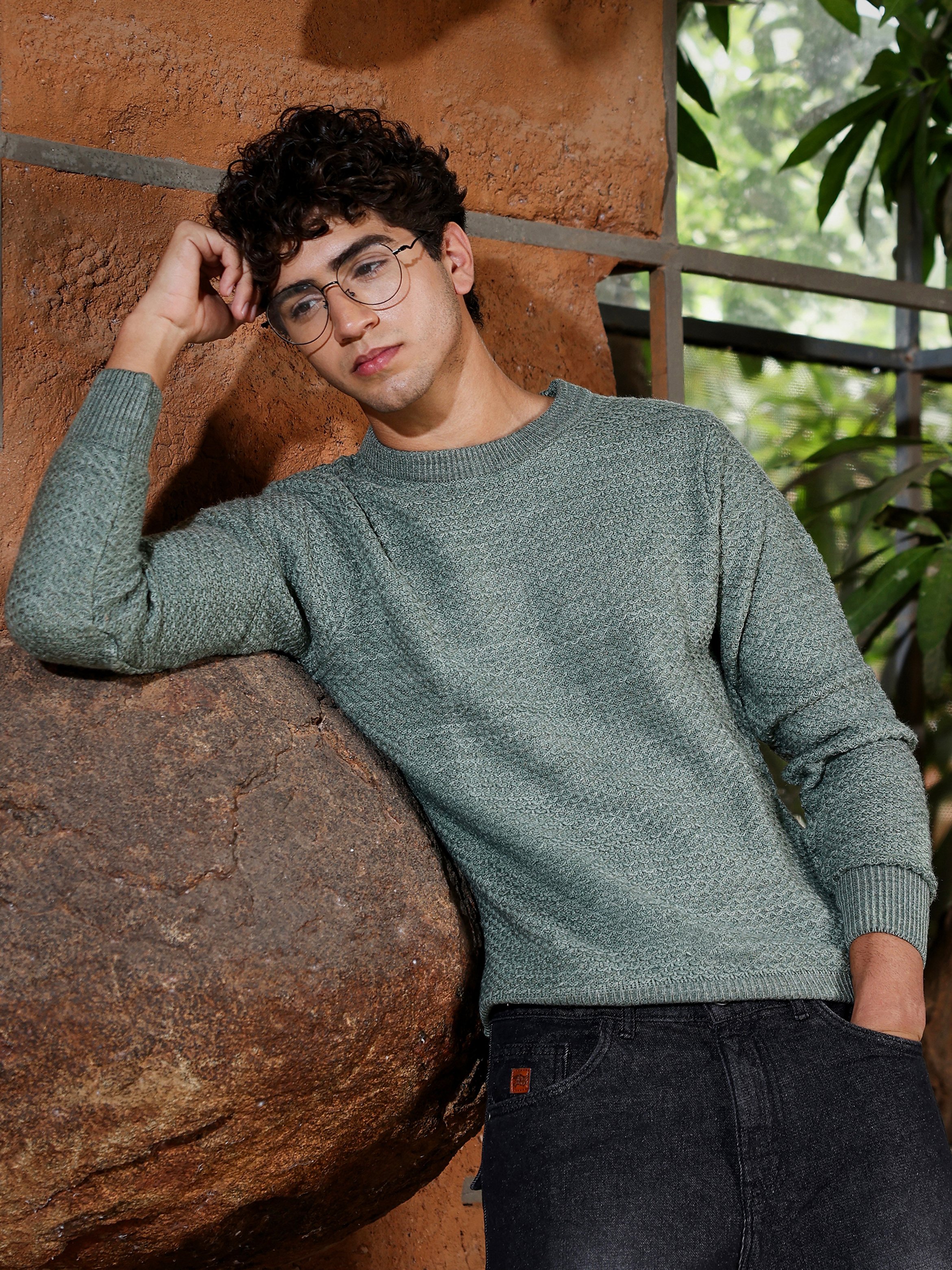 Men Green Textured Knit Sweater