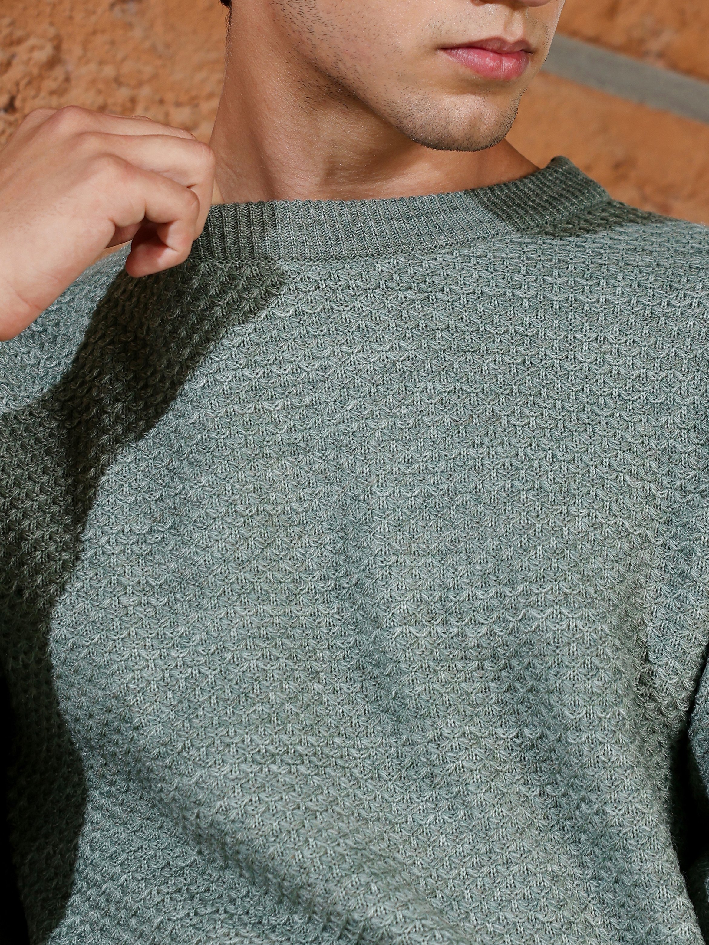 Men Green Textured Knit Sweater