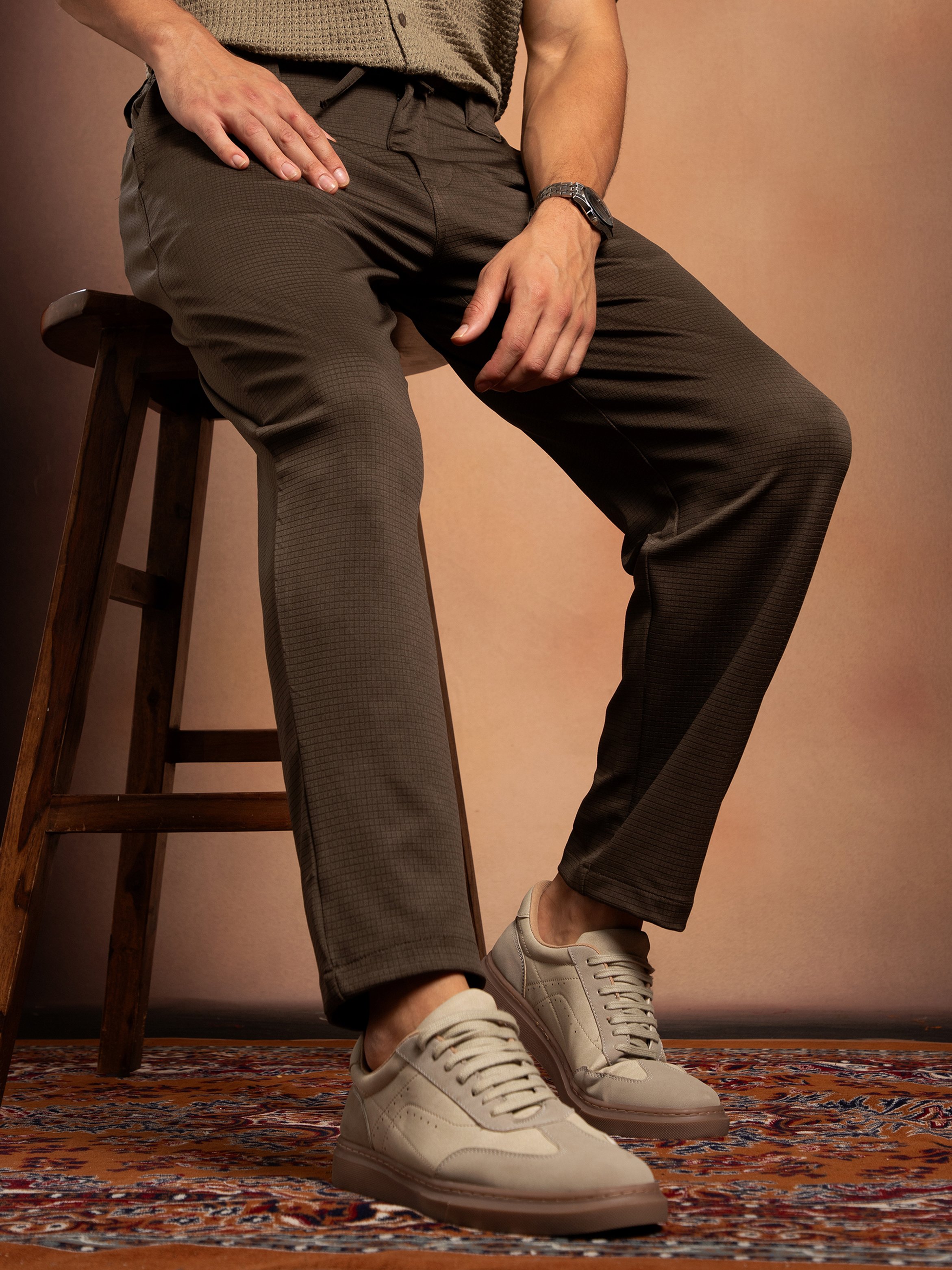 Men Coffee Brown Waffle Chino Trousers