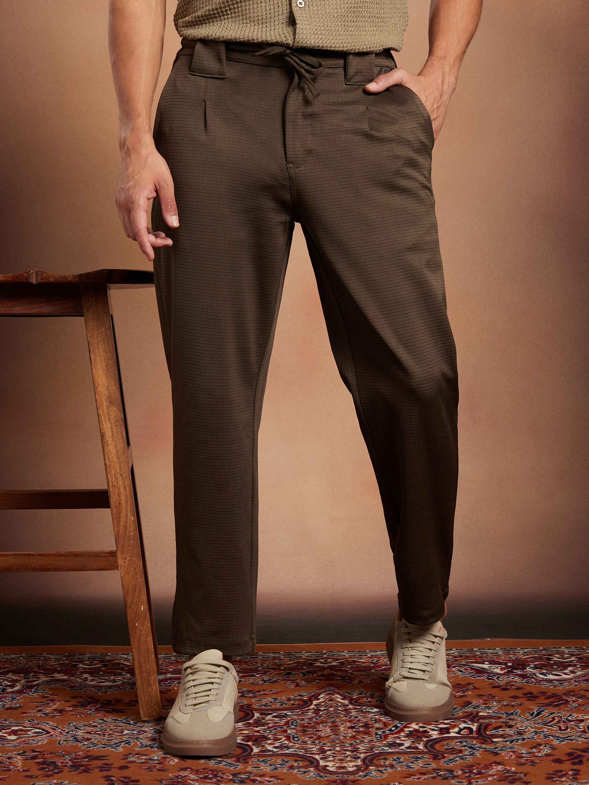 Men Coffee Brown Waffle Chino Trousers