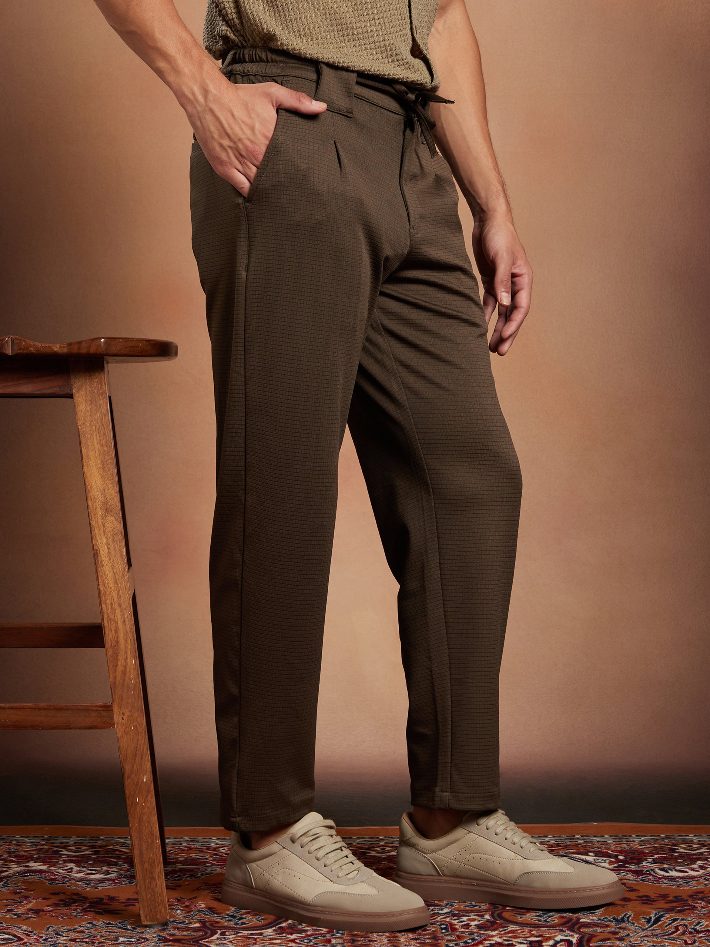 Men Coffee Brown Waffle Chino Trousers