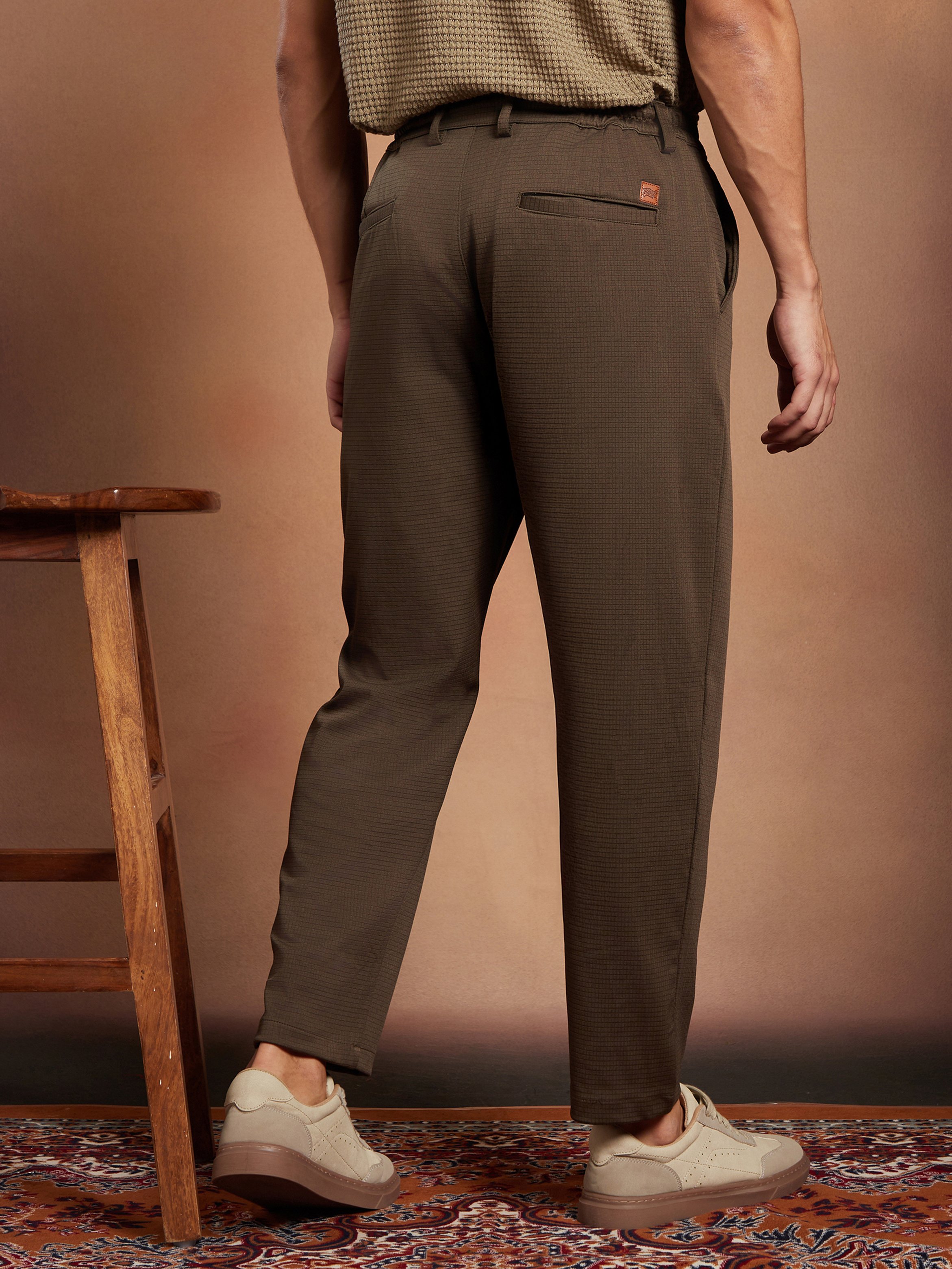 Men Coffee Brown Waffle Chino Trousers