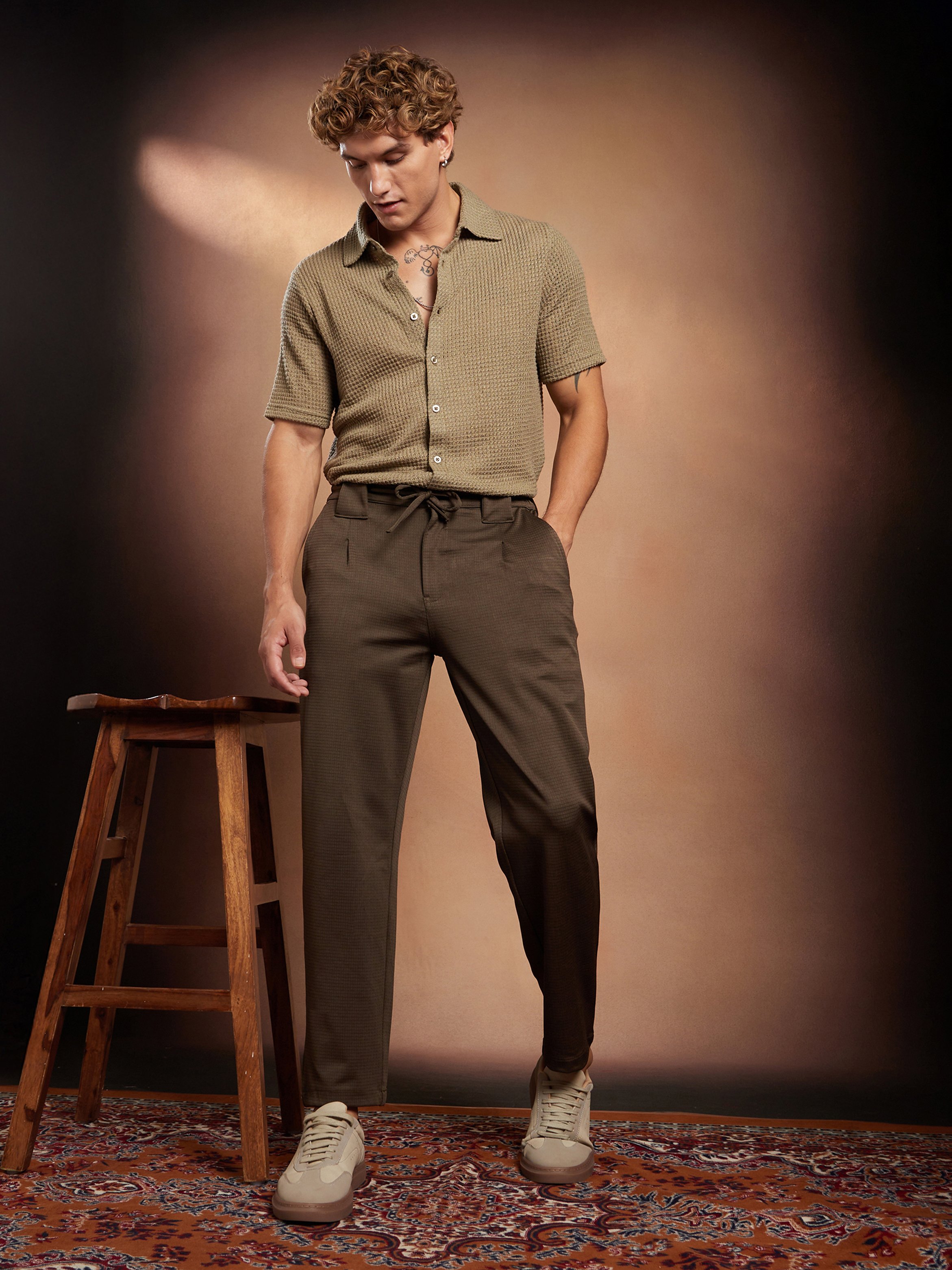 Men Coffee Brown Waffle Chino Trousers