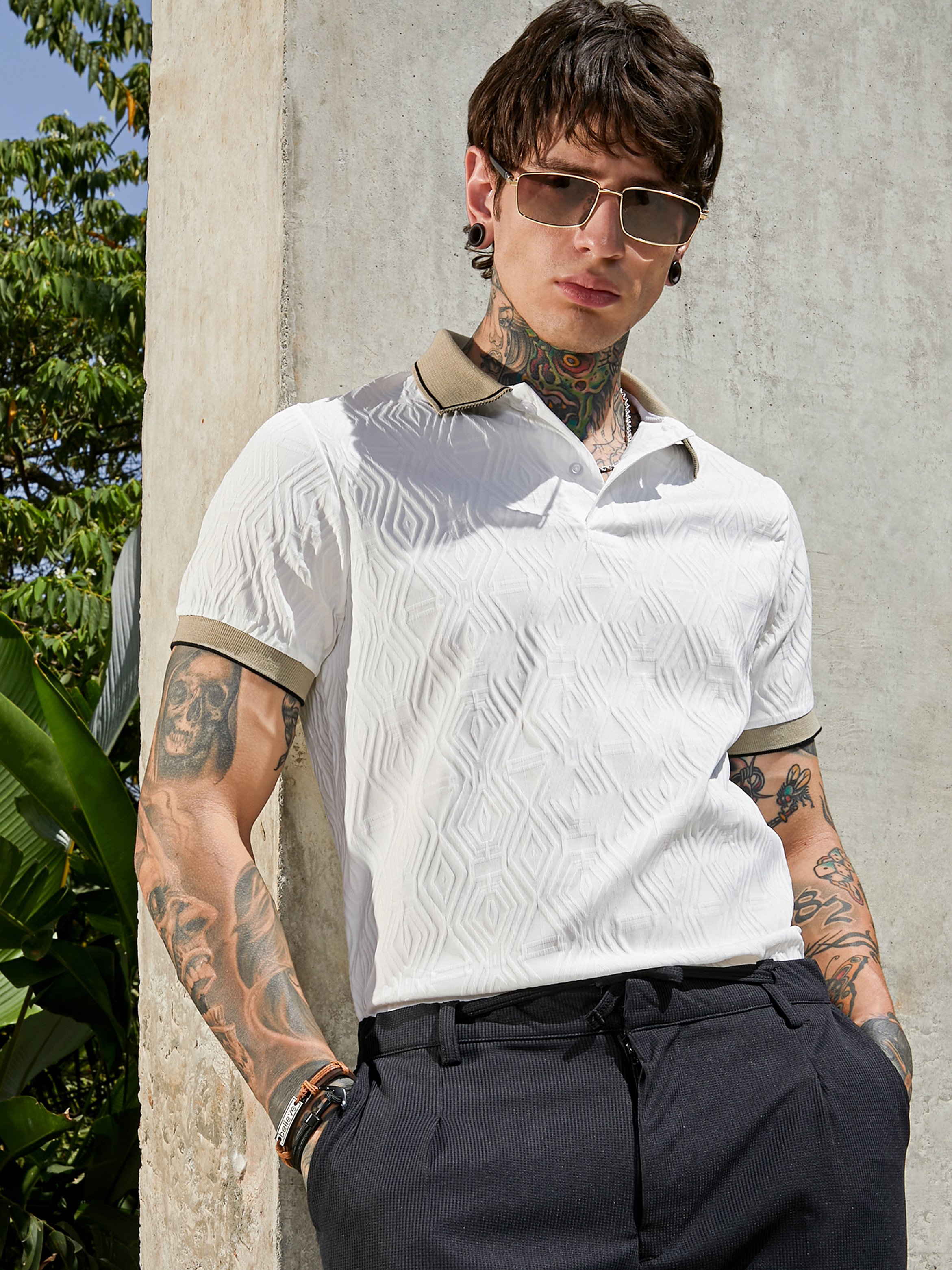 Men White Textured Polo T-Shirt