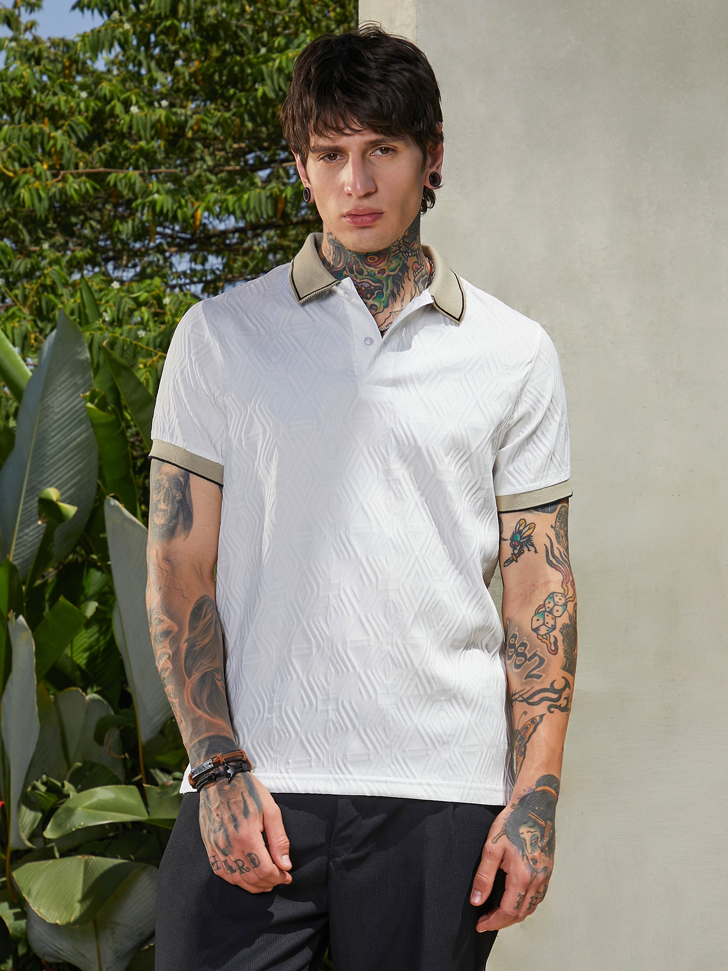Men White Textured Polo T-Shirt