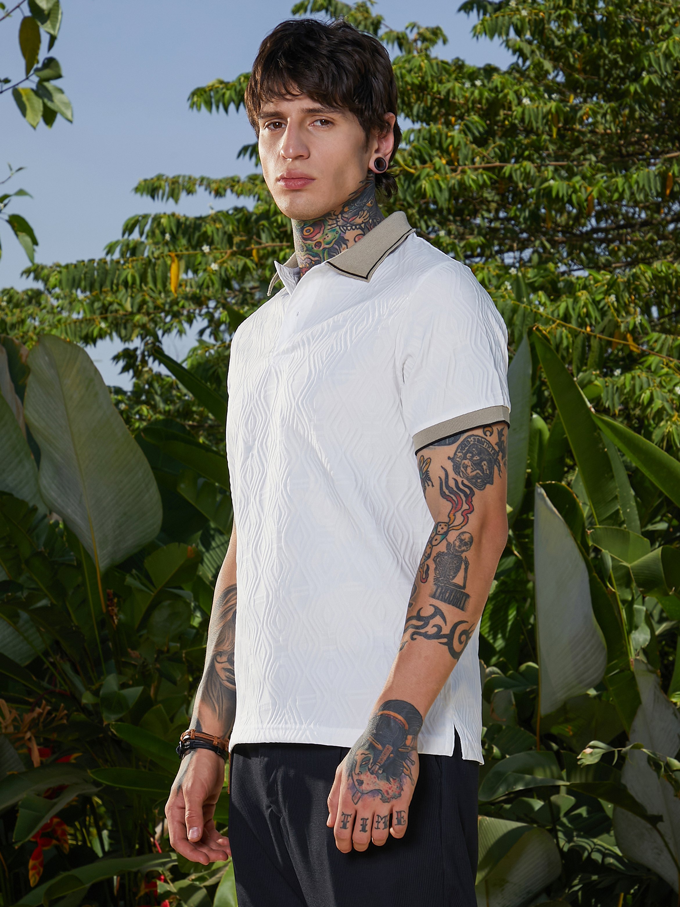 Men White Textured Polo T-Shirt