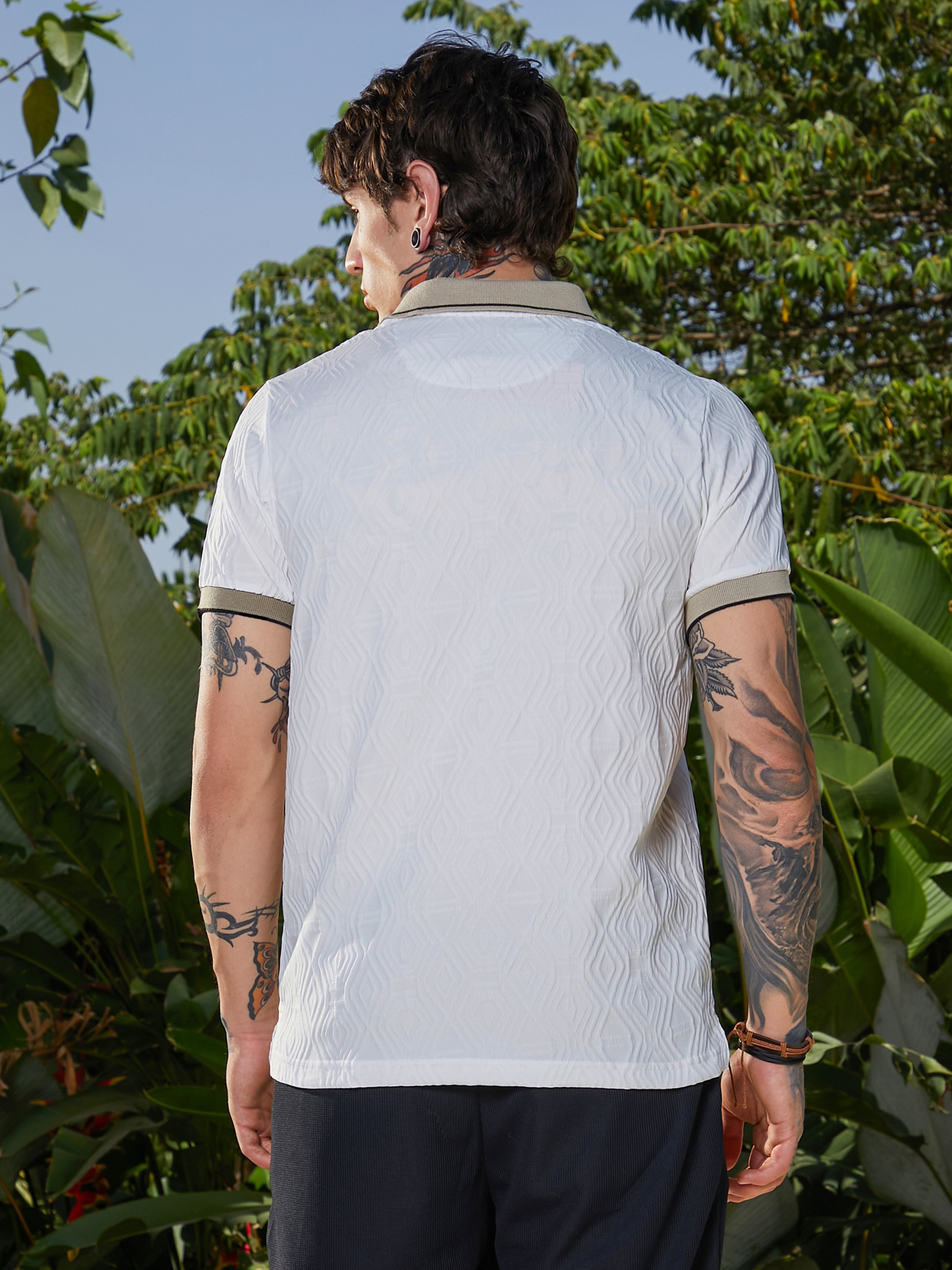 Men White Textured Polo T-Shirt