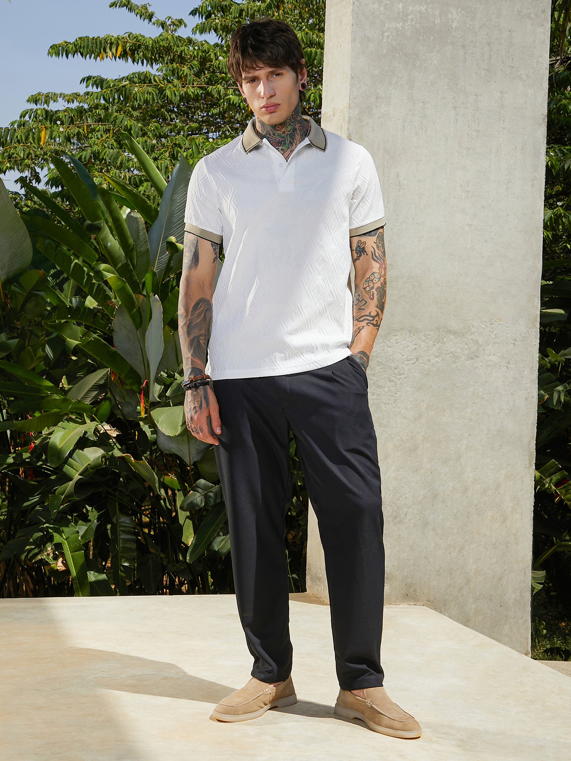 Men White Textured Polo T-Shirt