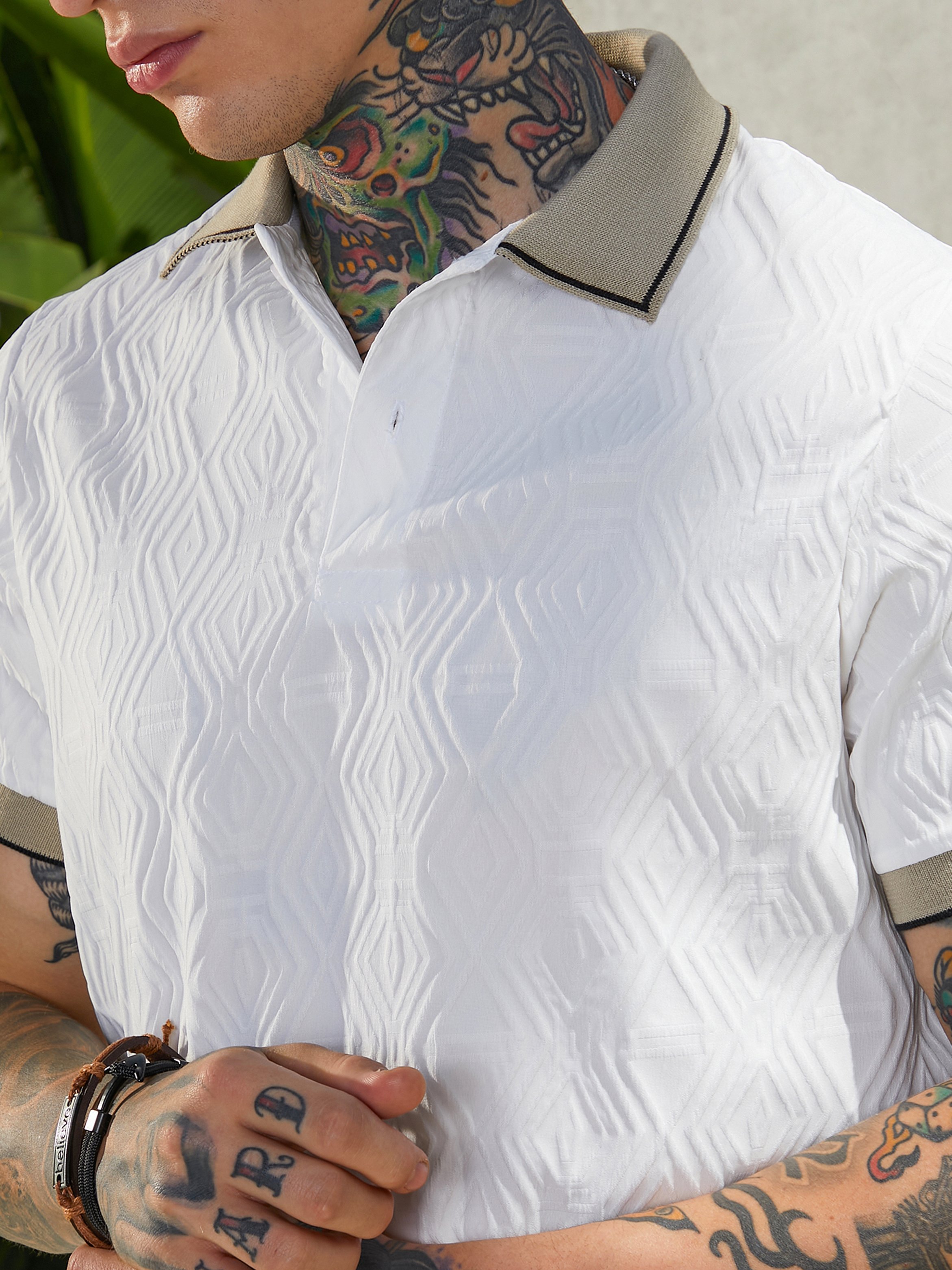 Men White Textured Polo T-Shirt