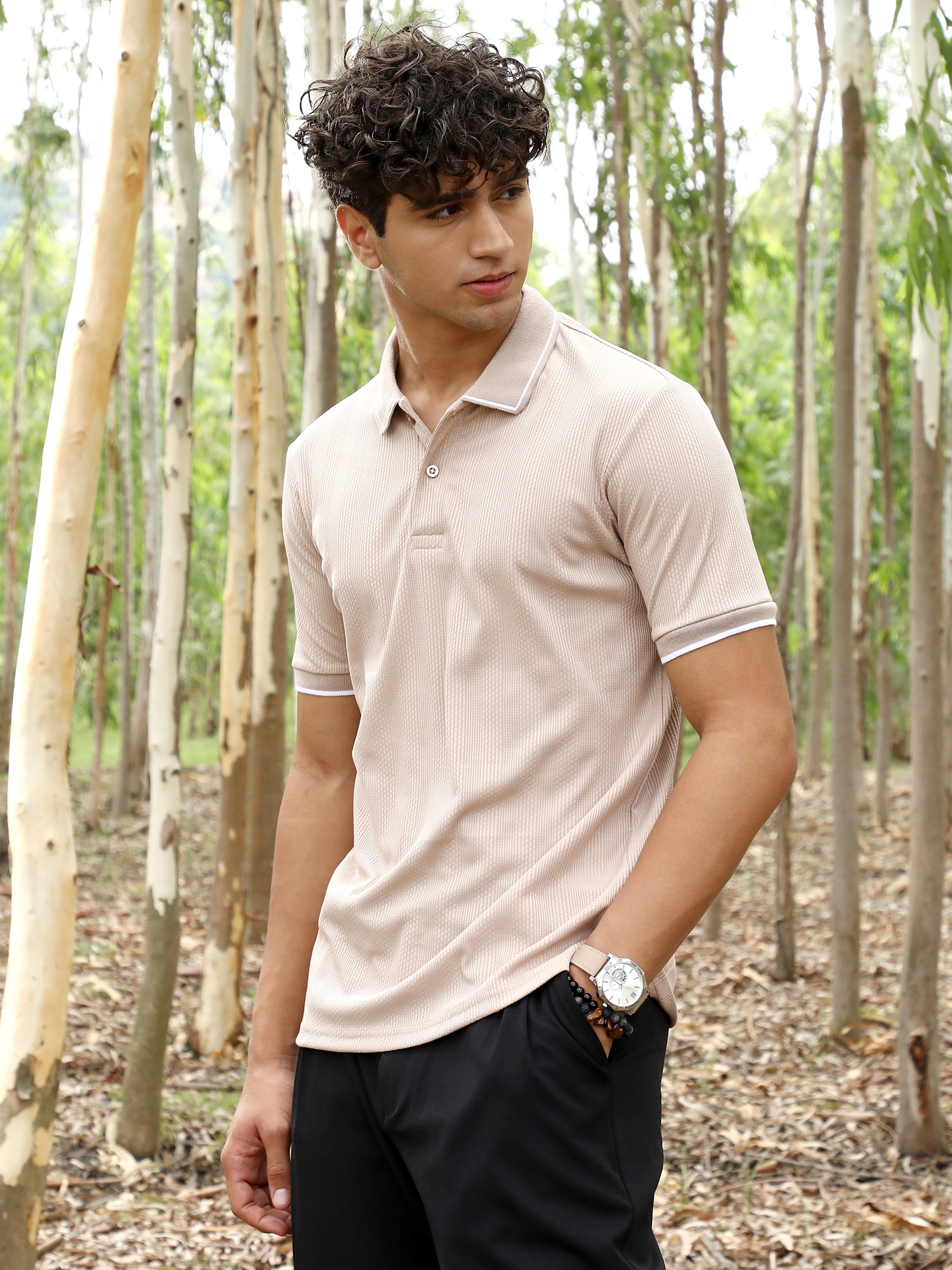 Men Beige Textured Polo T-Shirt