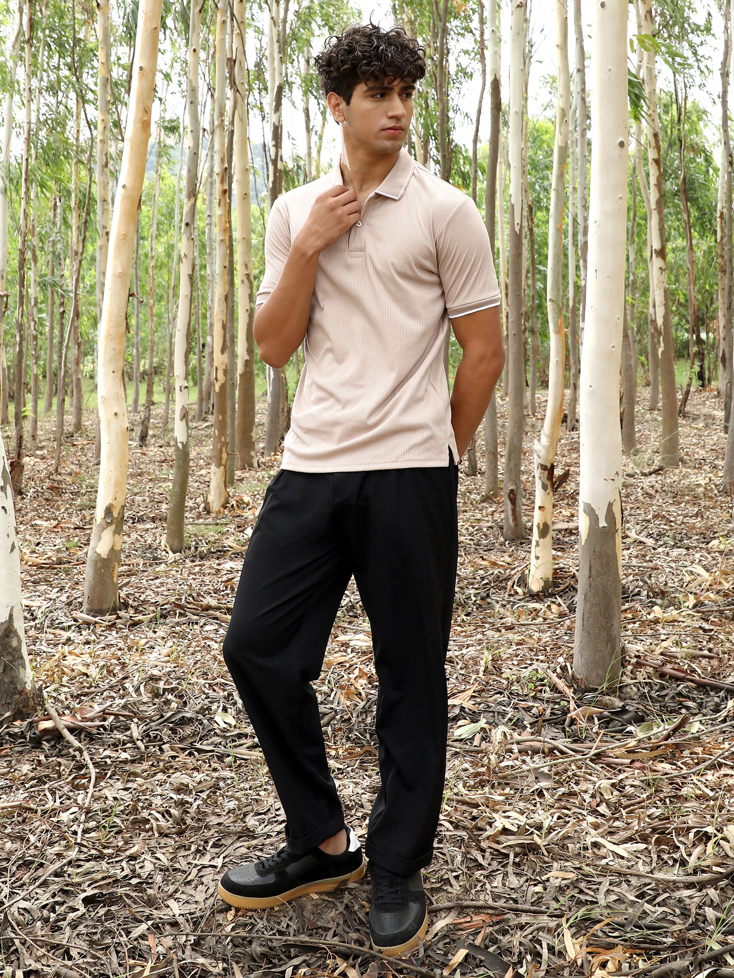 Men Beige Textured Polo T-Shirt