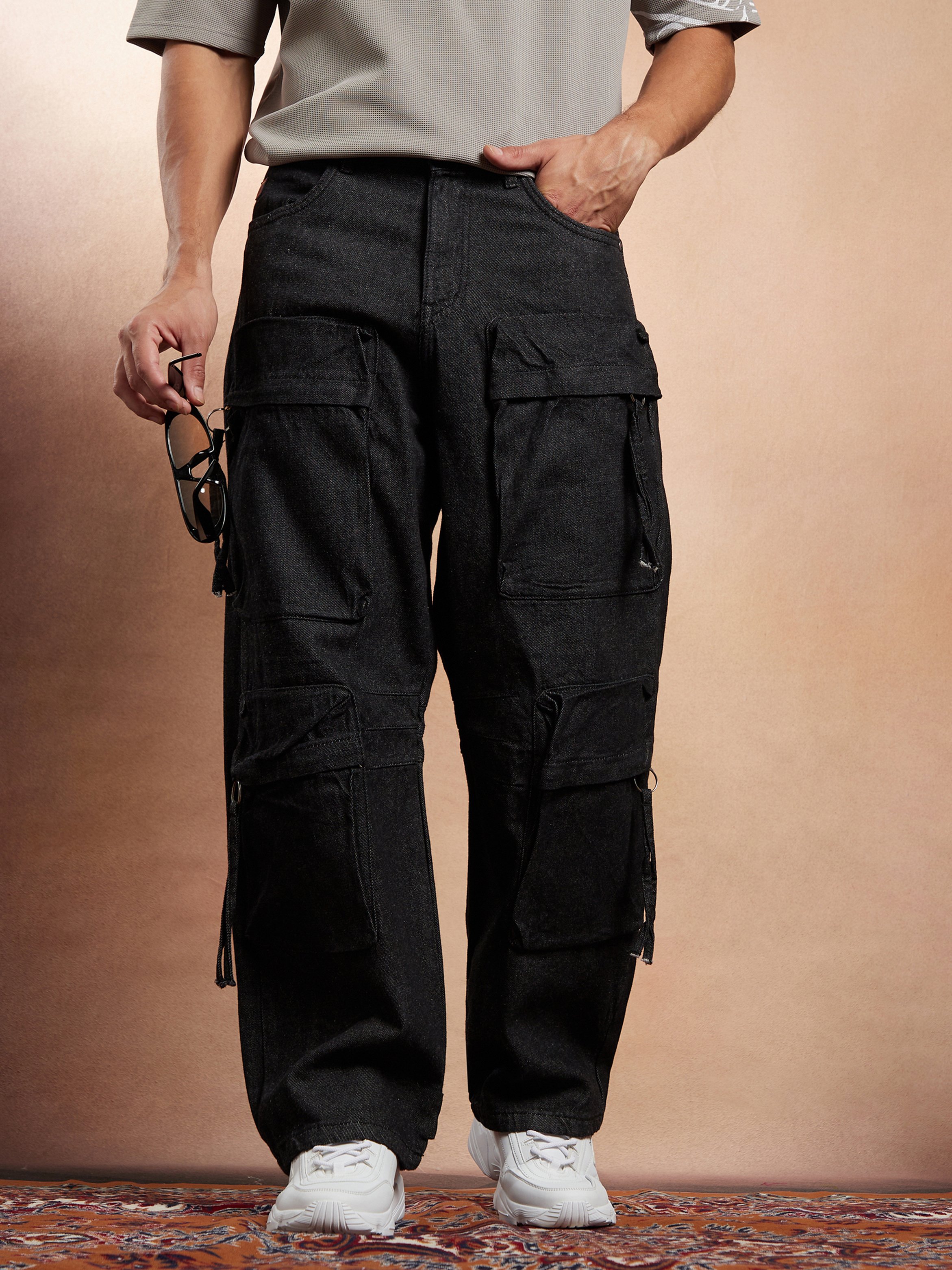 Men Charcoal Black Baggy Utility Jeans