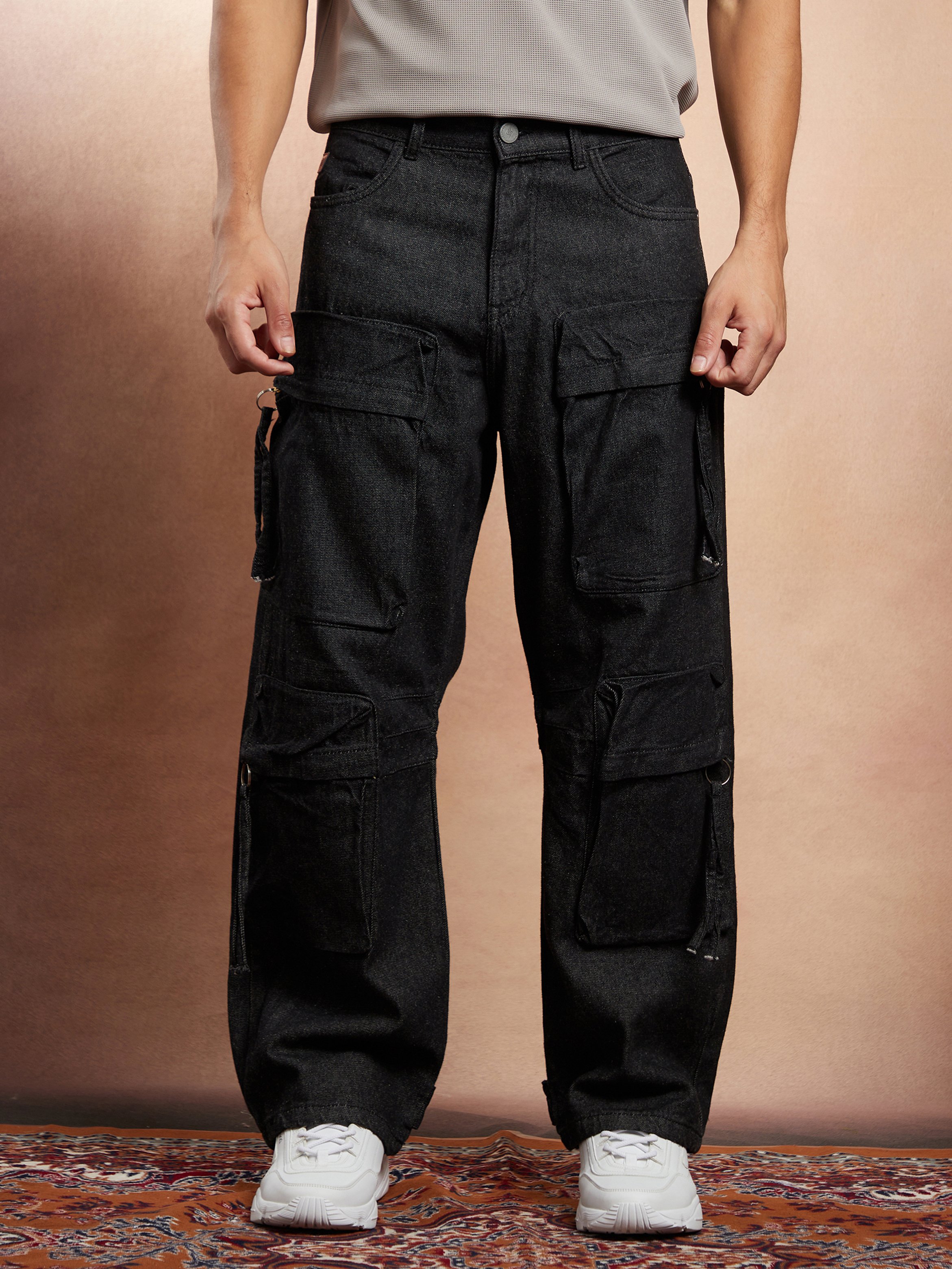 Men Charcoal Black Baggy Utility Jeans