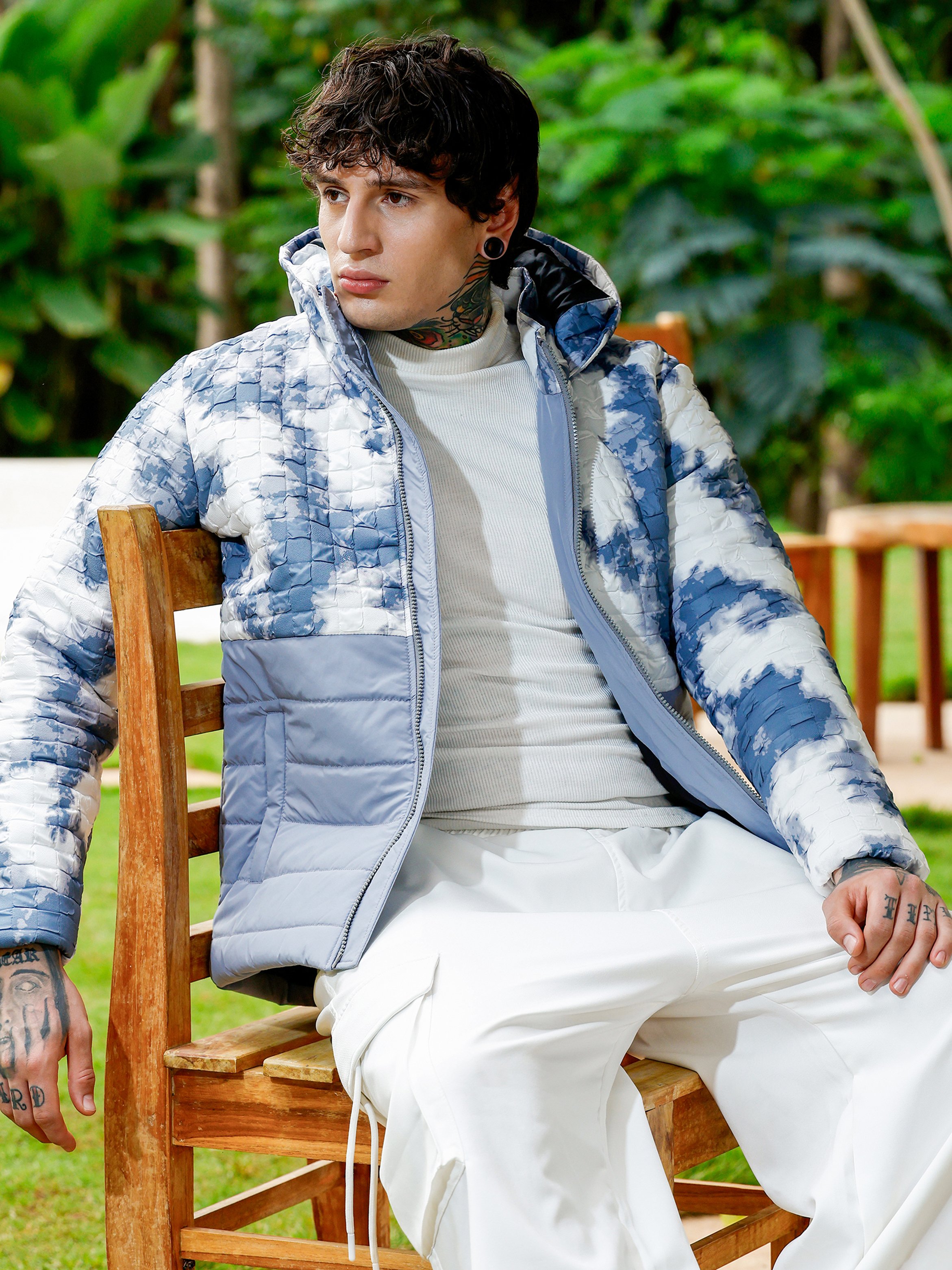 Men Grey Dye-Block Quilt Puffer Jacket