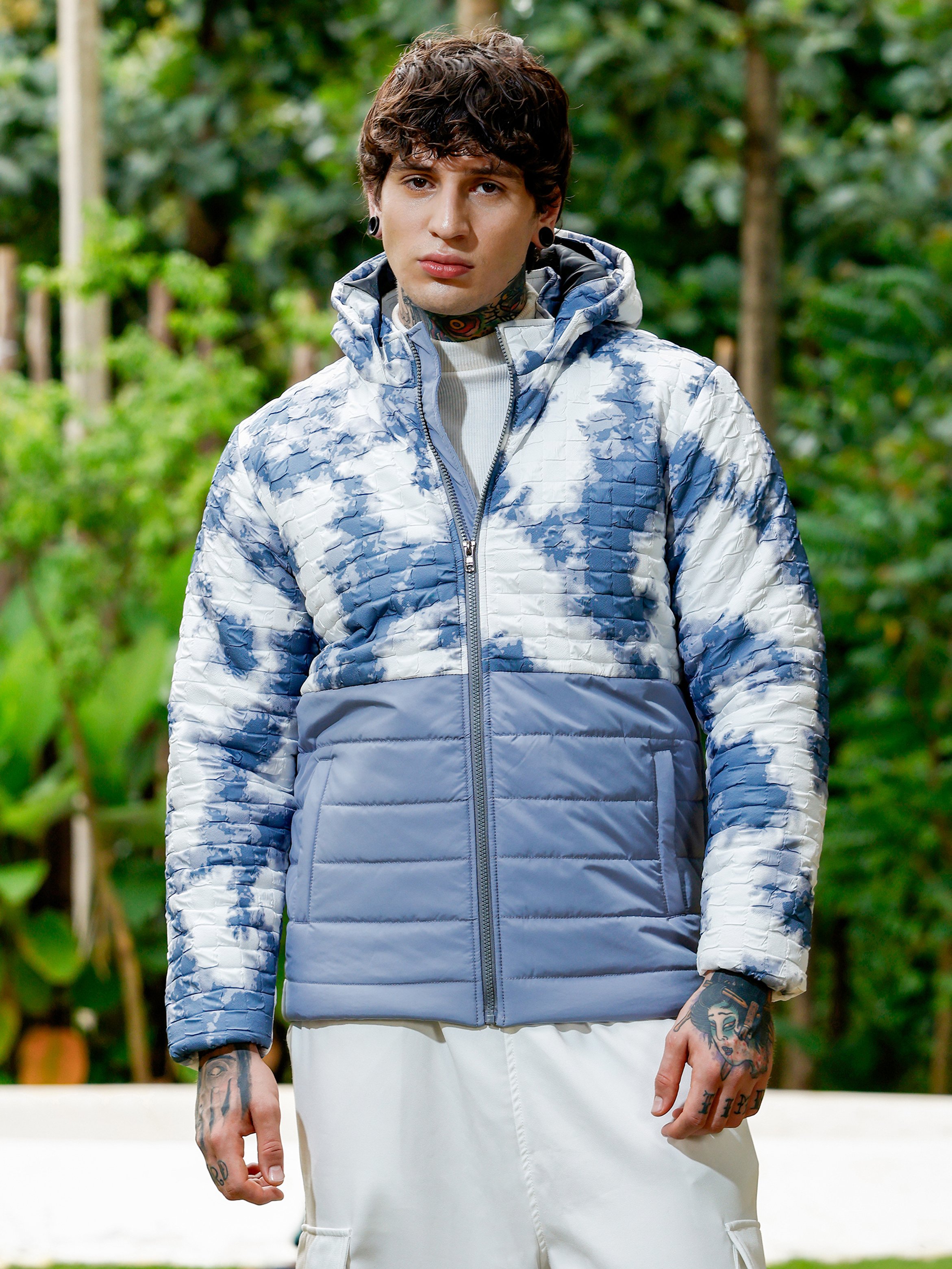Men Grey Dye-Block Quilt Puffer Jacket
