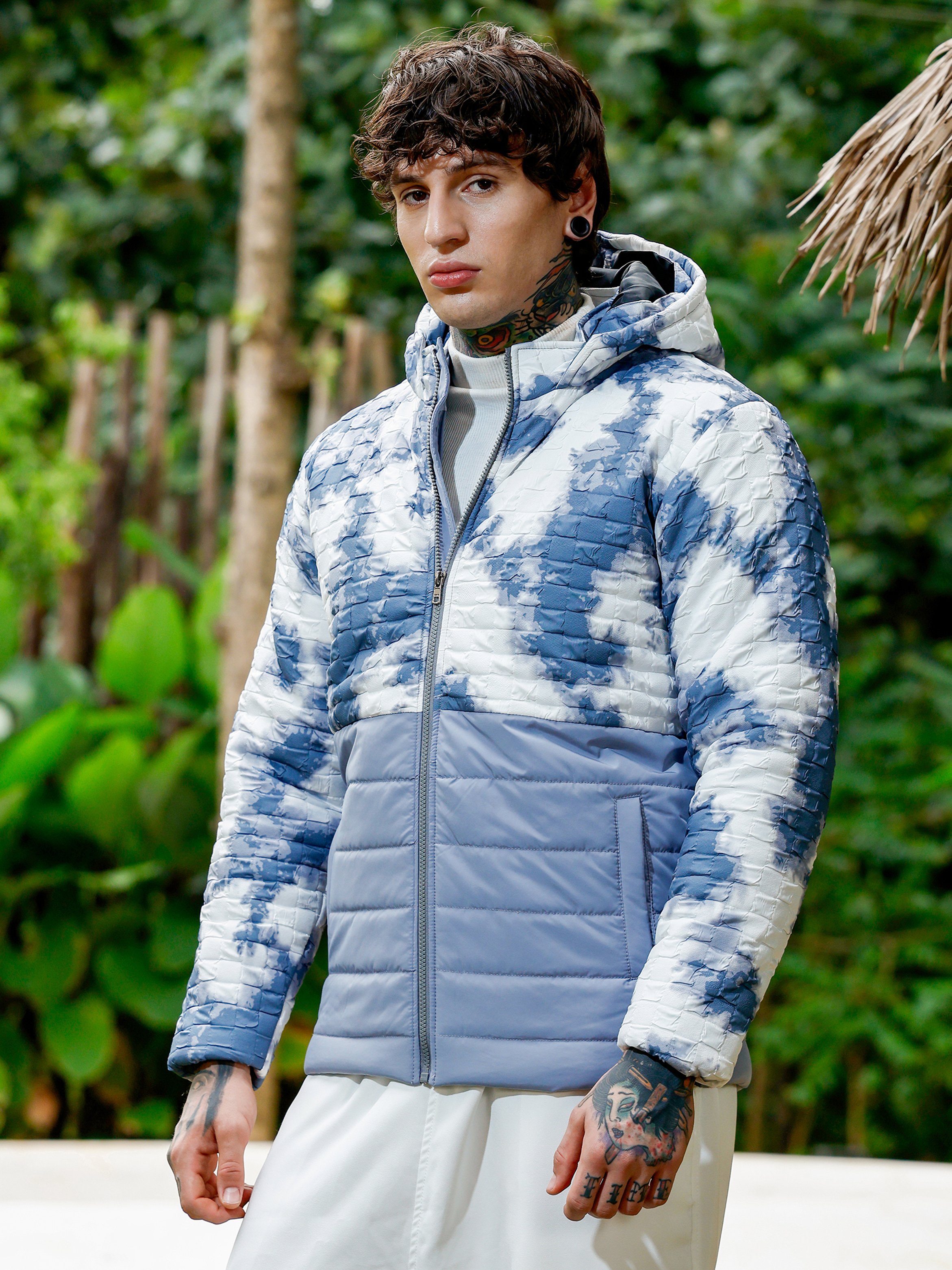 Men Grey Dye-Block Quilt Puffer Jacket
