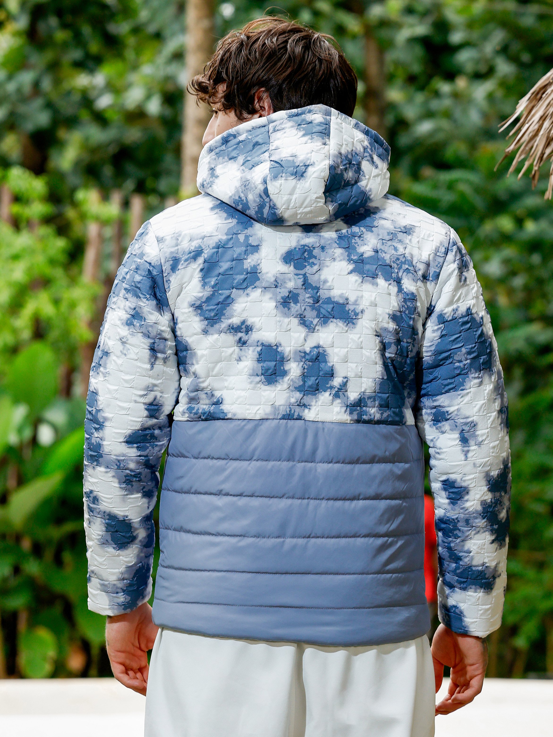 Men Grey Dye-Block Quilt Puffer Jacket