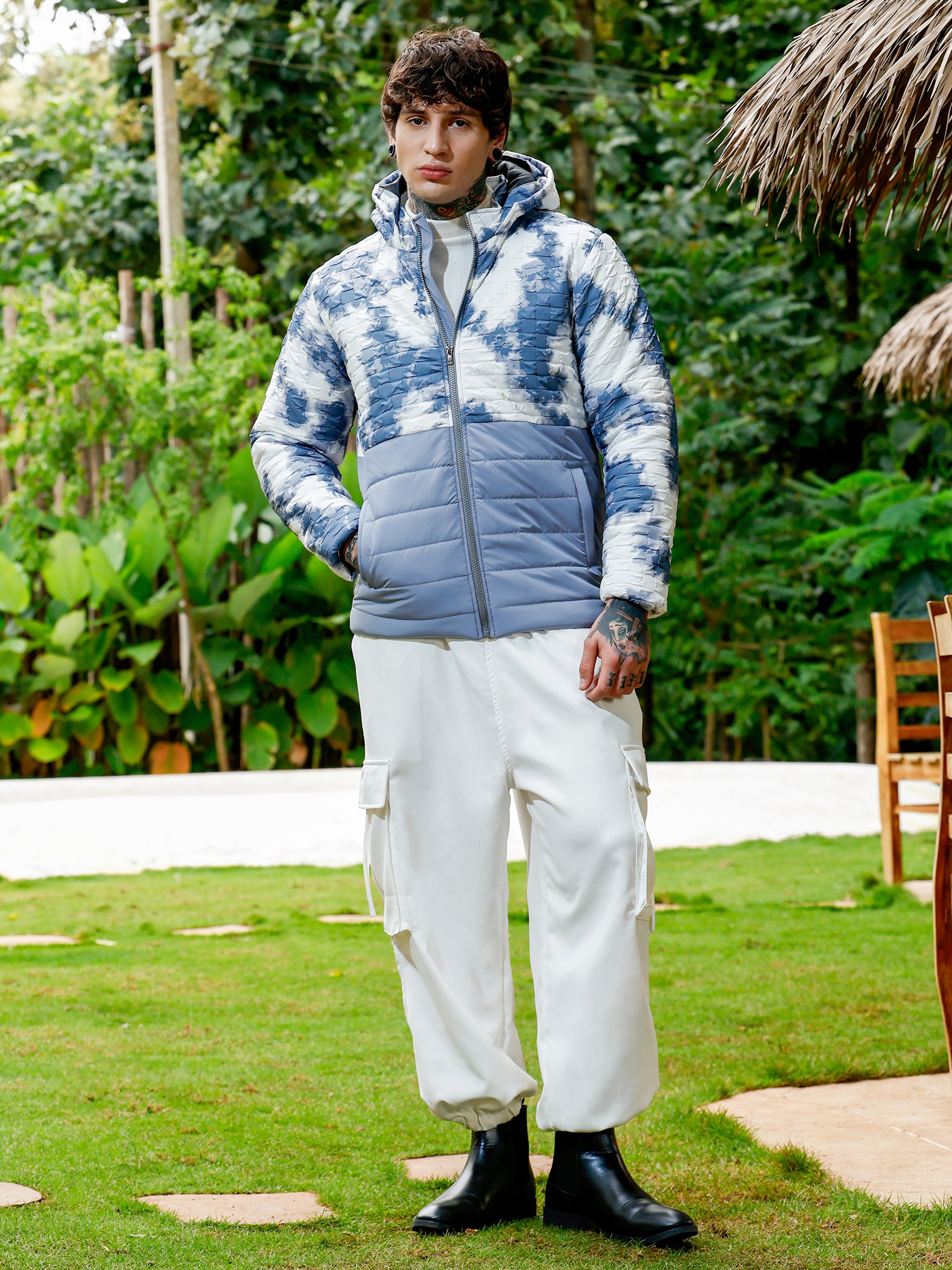 Men Grey Dye-Block Quilt Puffer Jacket