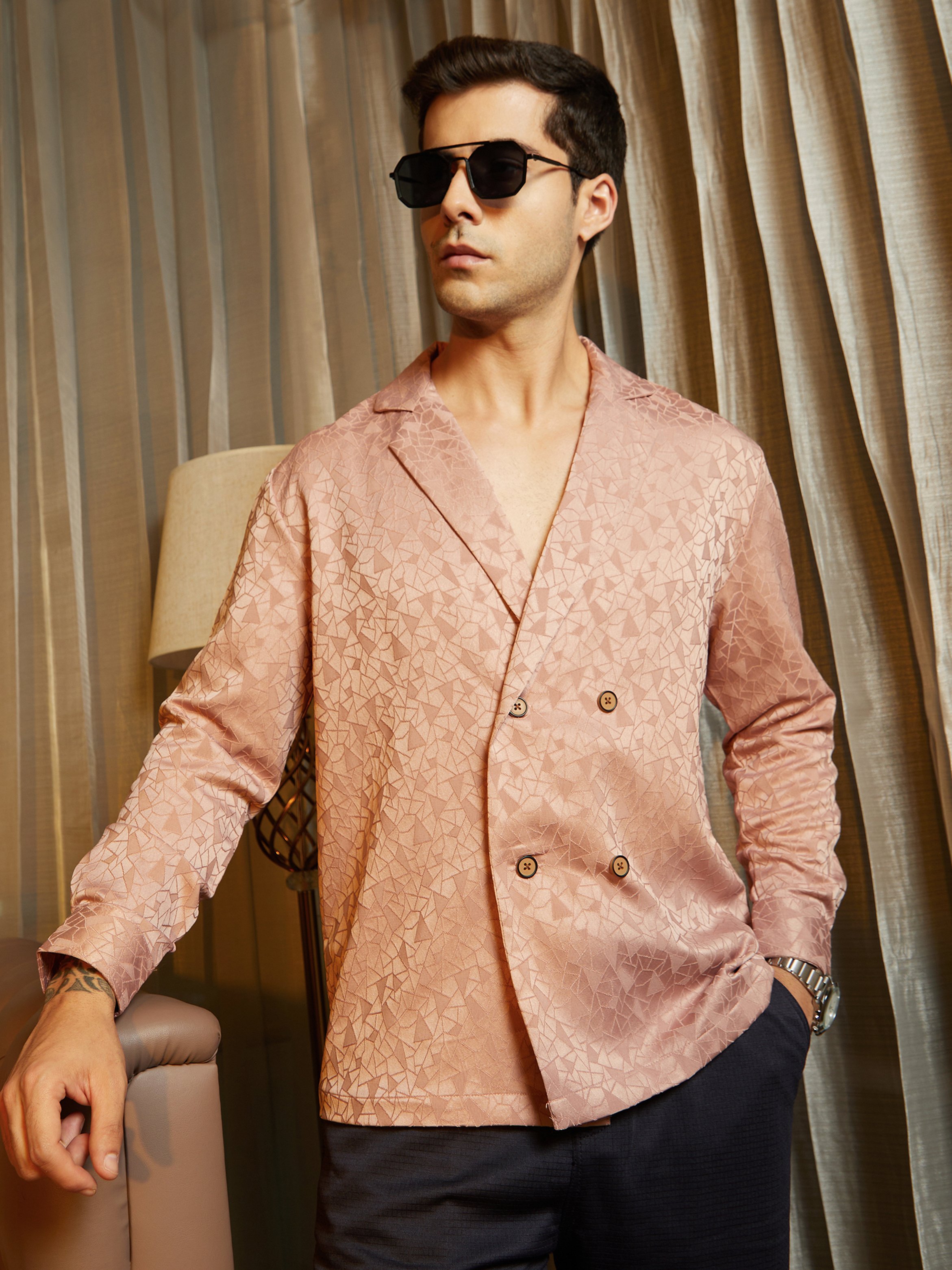 Men Dusty Pink Double-Breasted Shirt