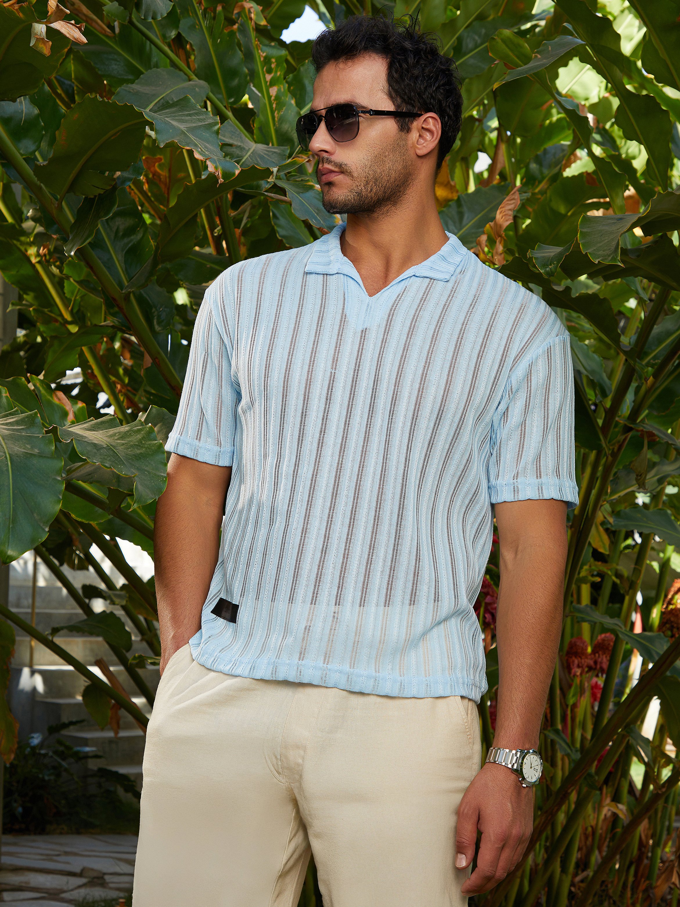Men Blue Duo-Striped Relaxed Polo T-Shirt