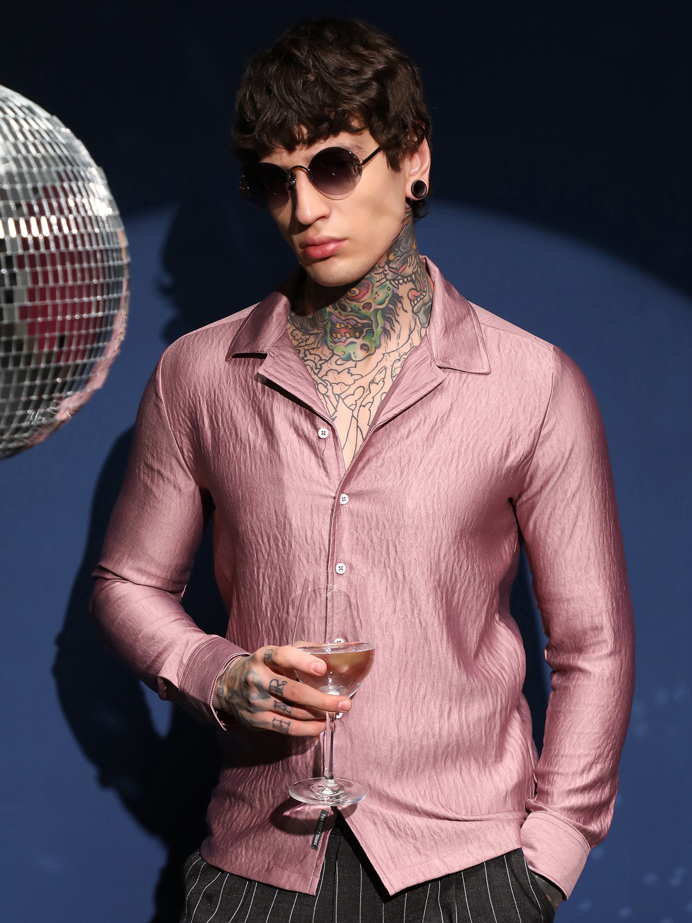 Men Blush Pink Satin Cuban Shirt