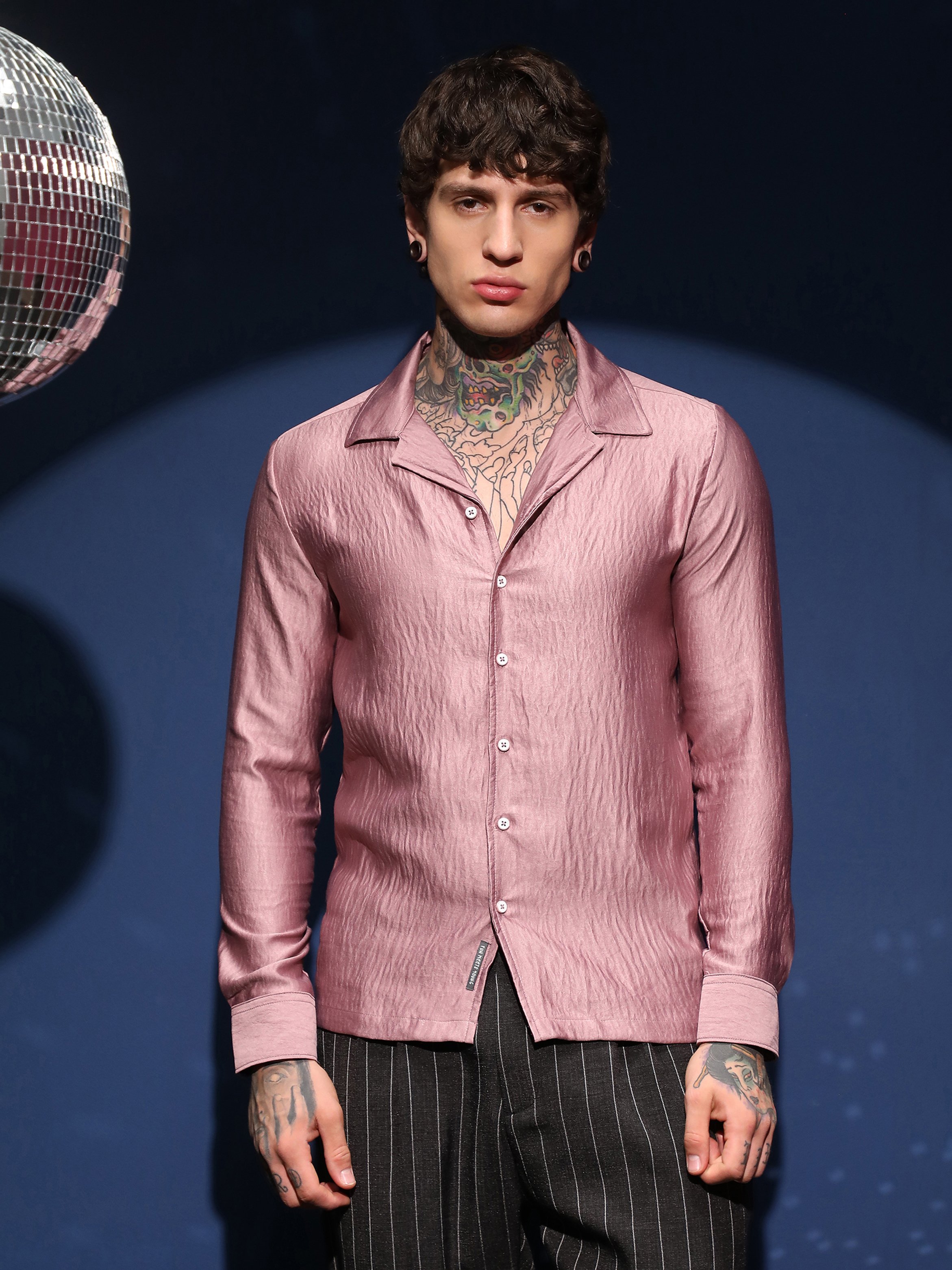 Men Blush Pink Satin Cuban Shirt
