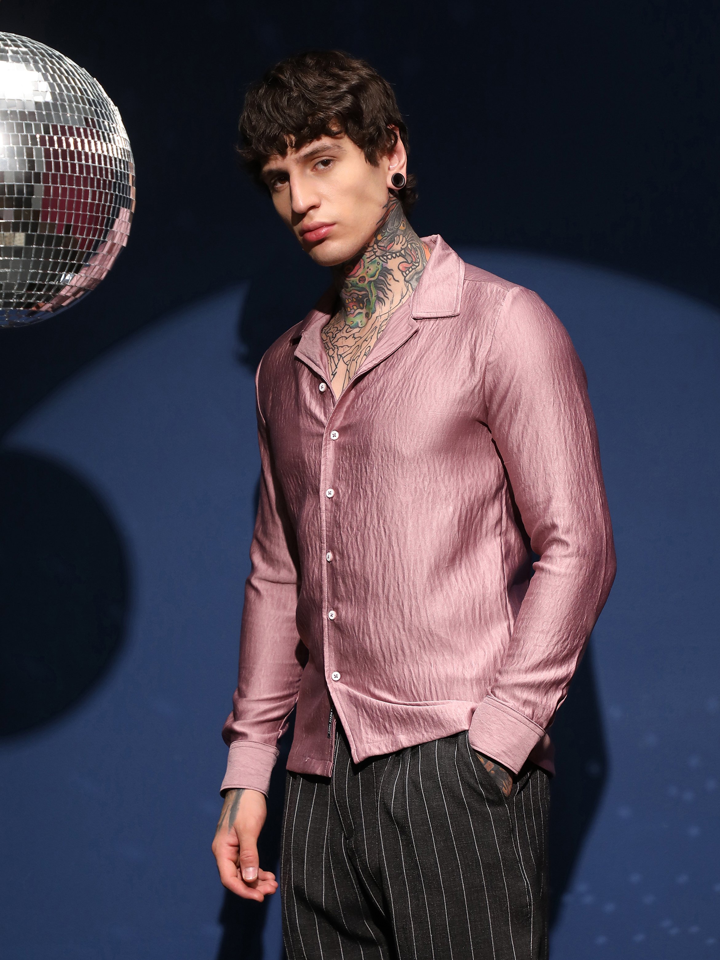 Men Blush Pink Satin Cuban Shirt