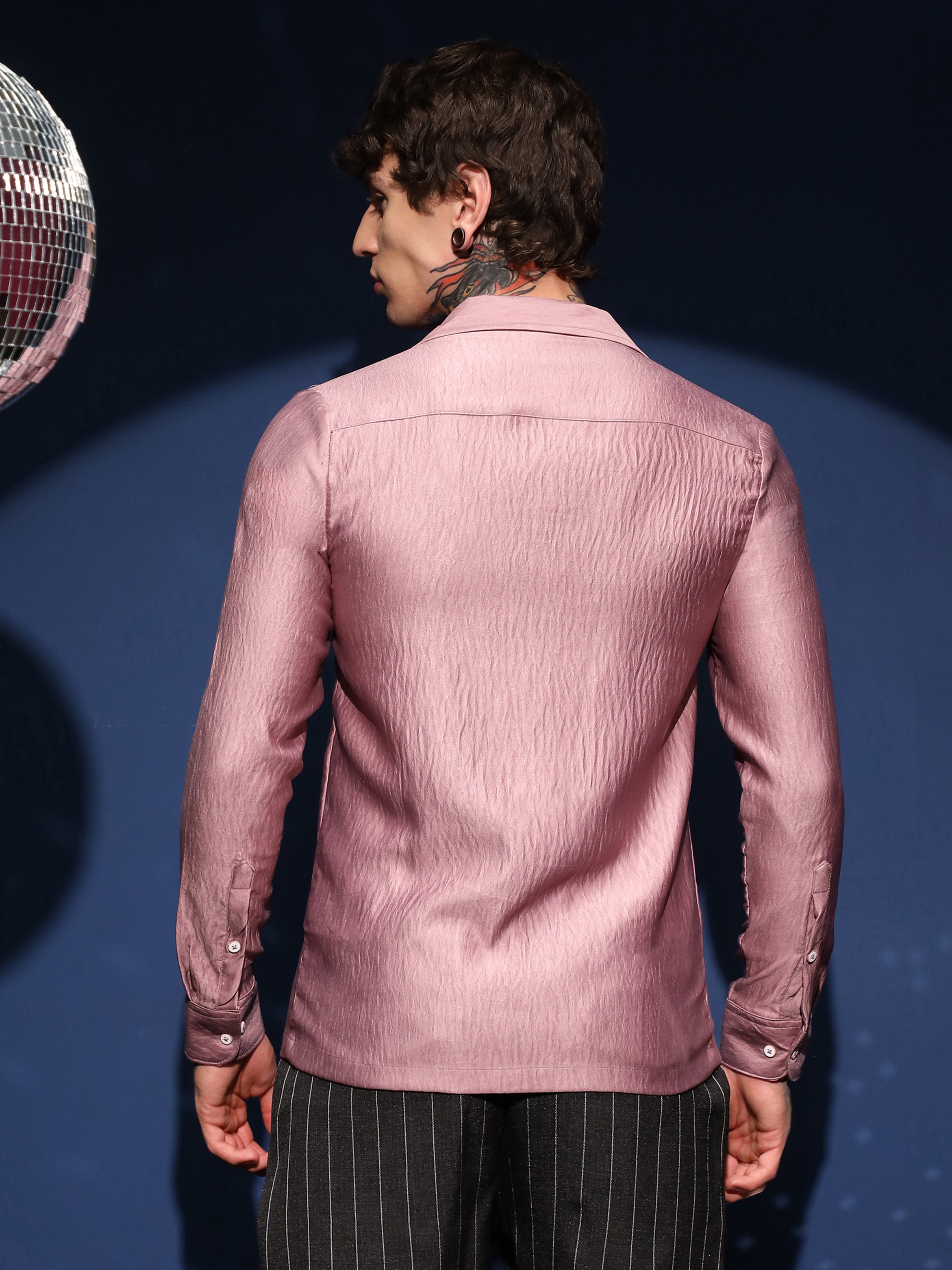 Men Blush Pink Satin Cuban Shirt