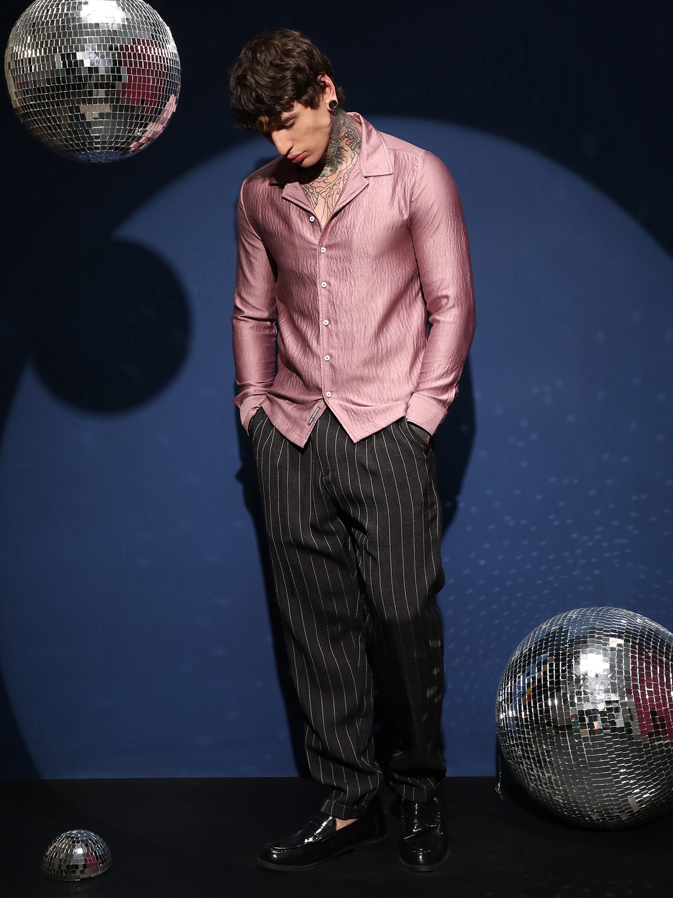 Men Blush Pink Satin Cuban Shirt