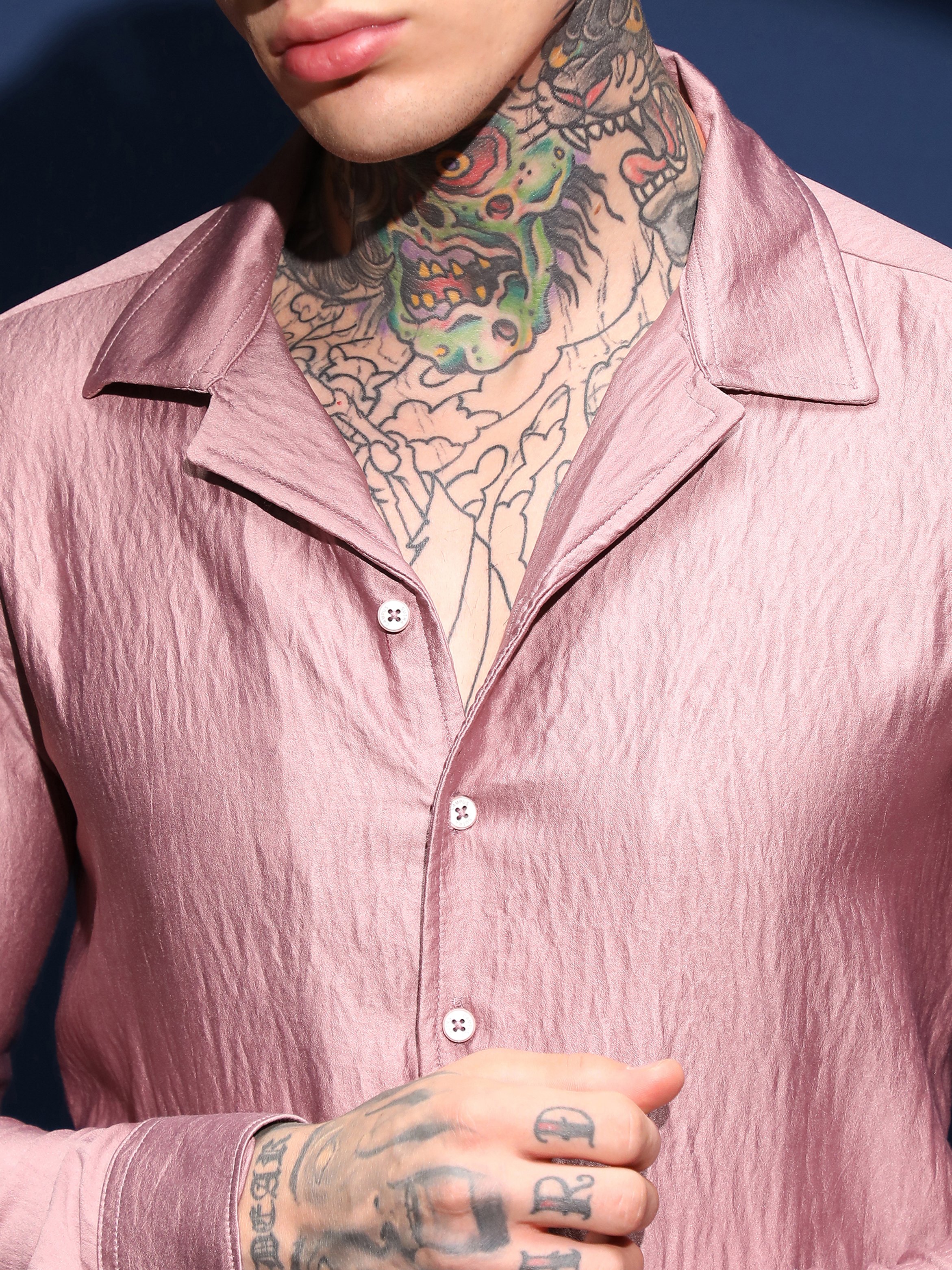 Men Blush Pink Satin Cuban Shirt