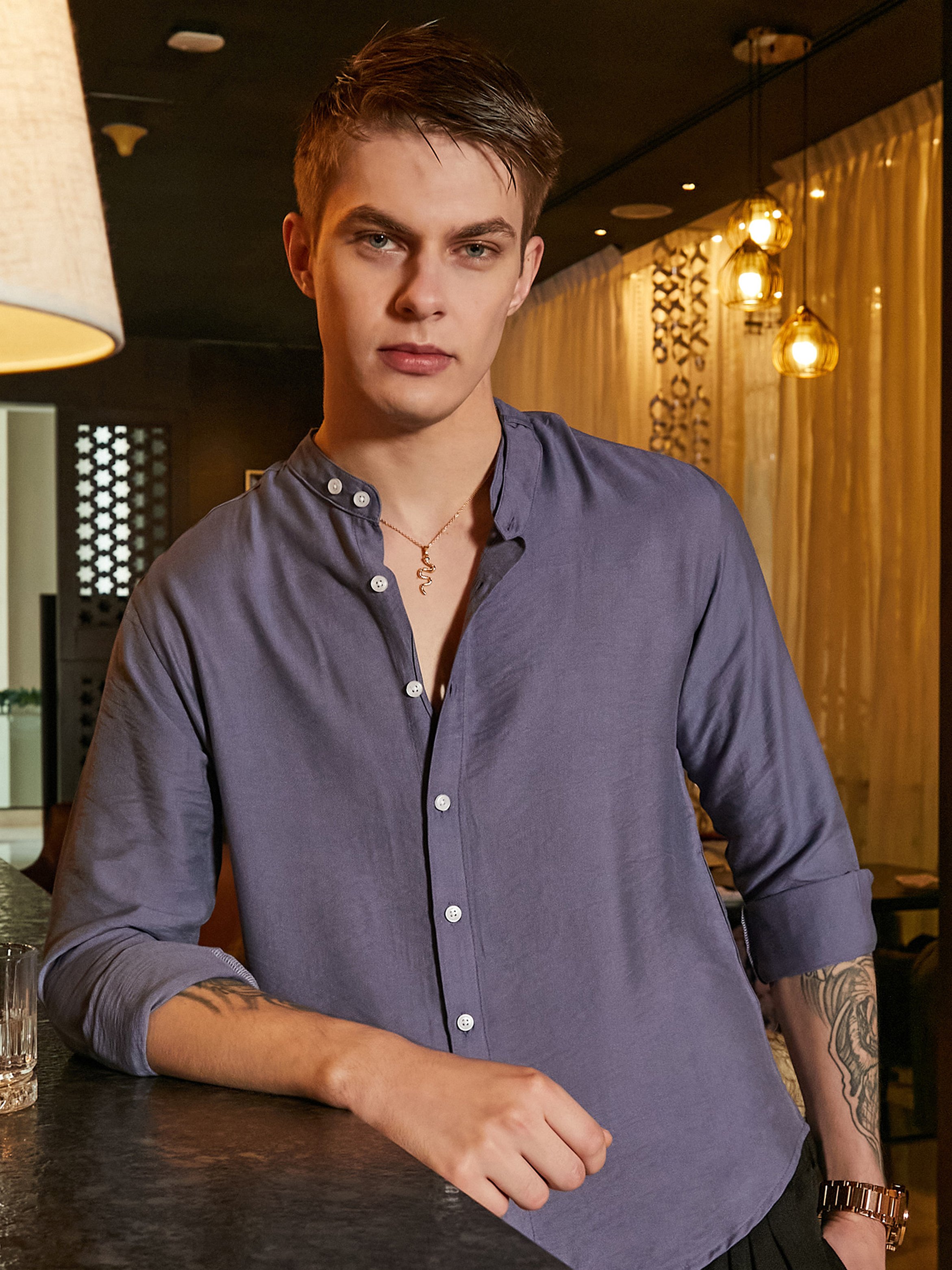 Men Blue Solid Mandarin Collar Shirt
