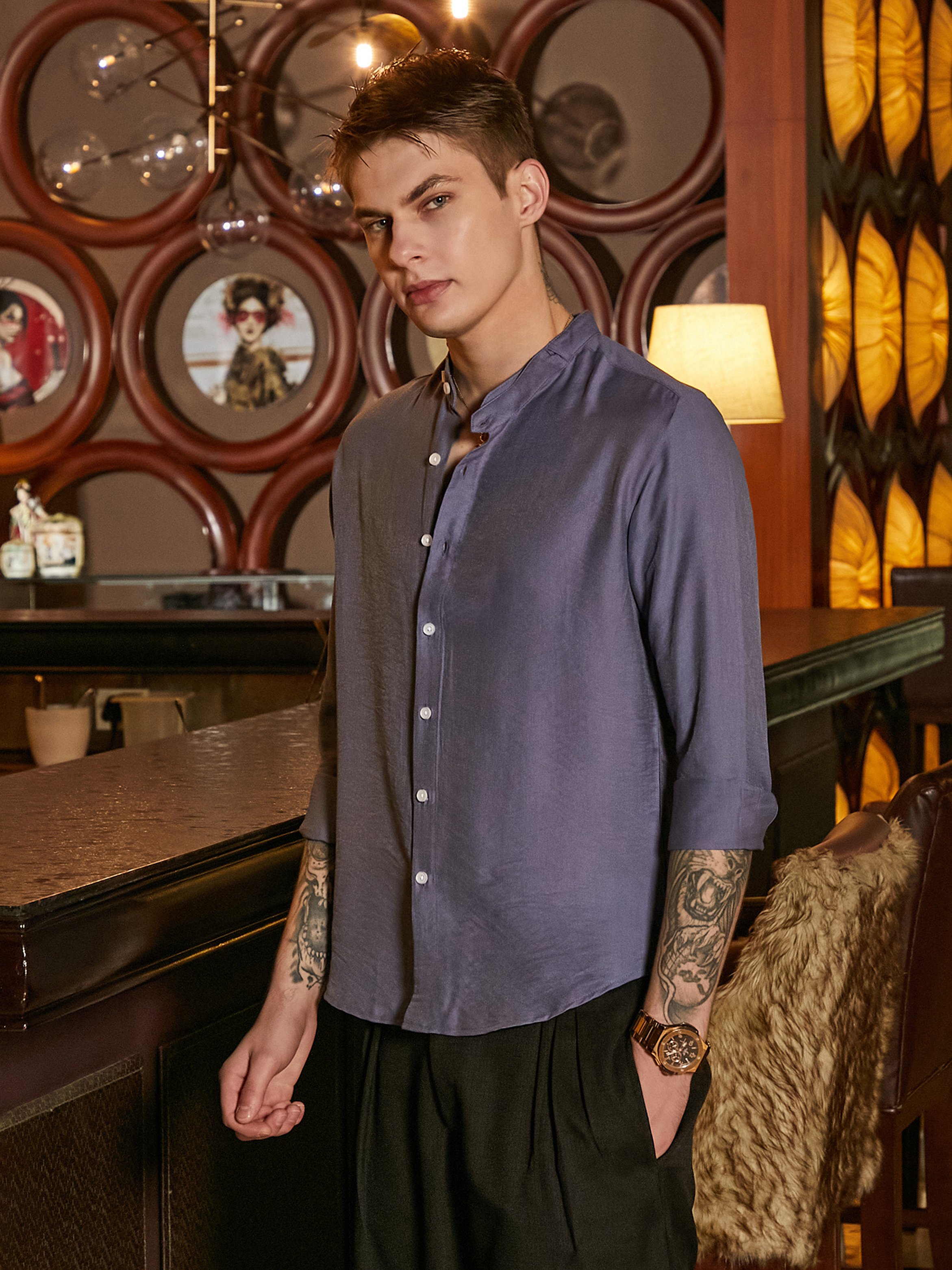 Men Blue Solid Mandarin Collar Shirt