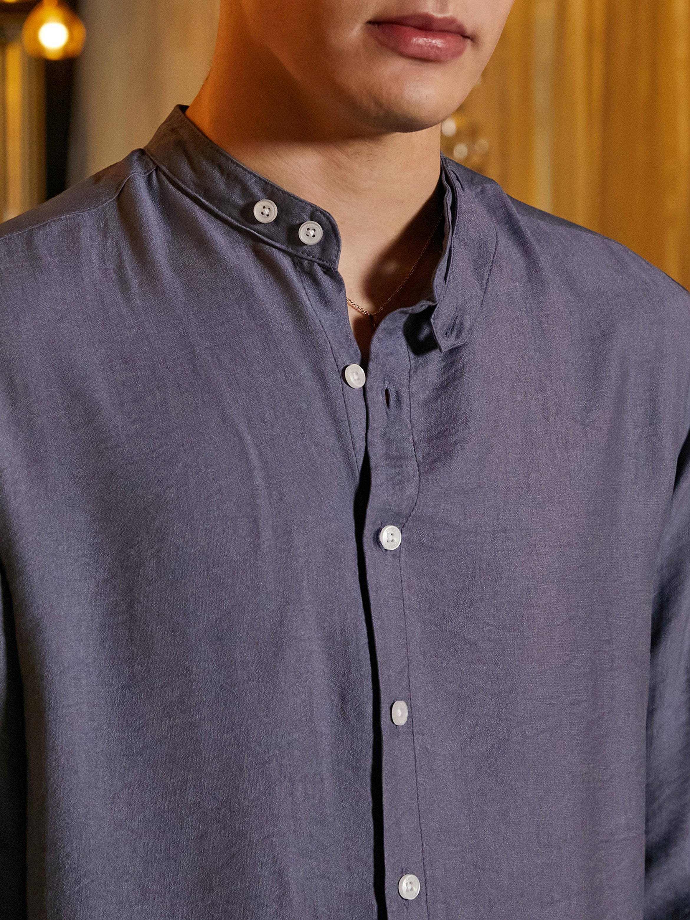 Men Blue Solid Mandarin Collar Shirt