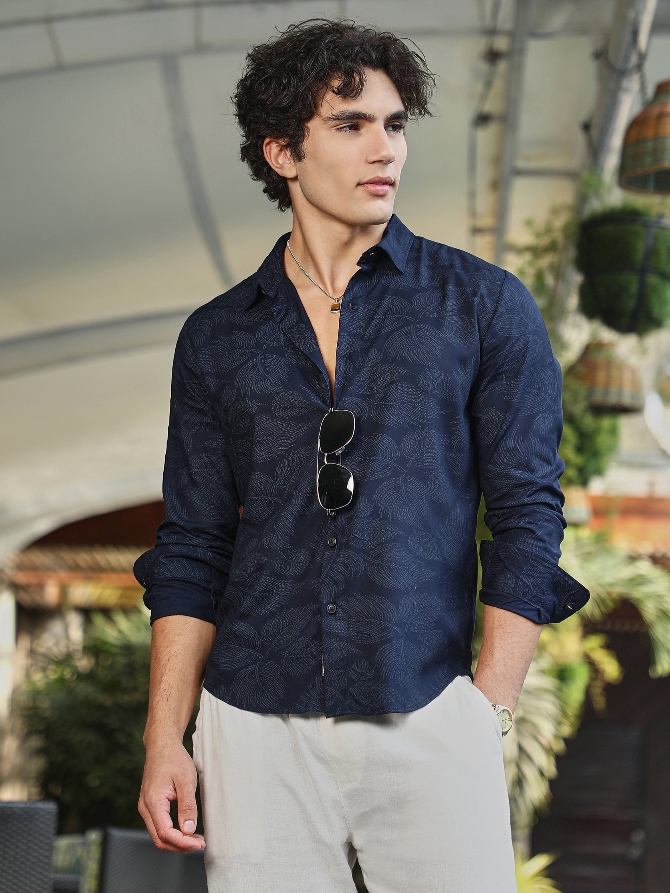 Men Navy Blue Textured Regular Shirt